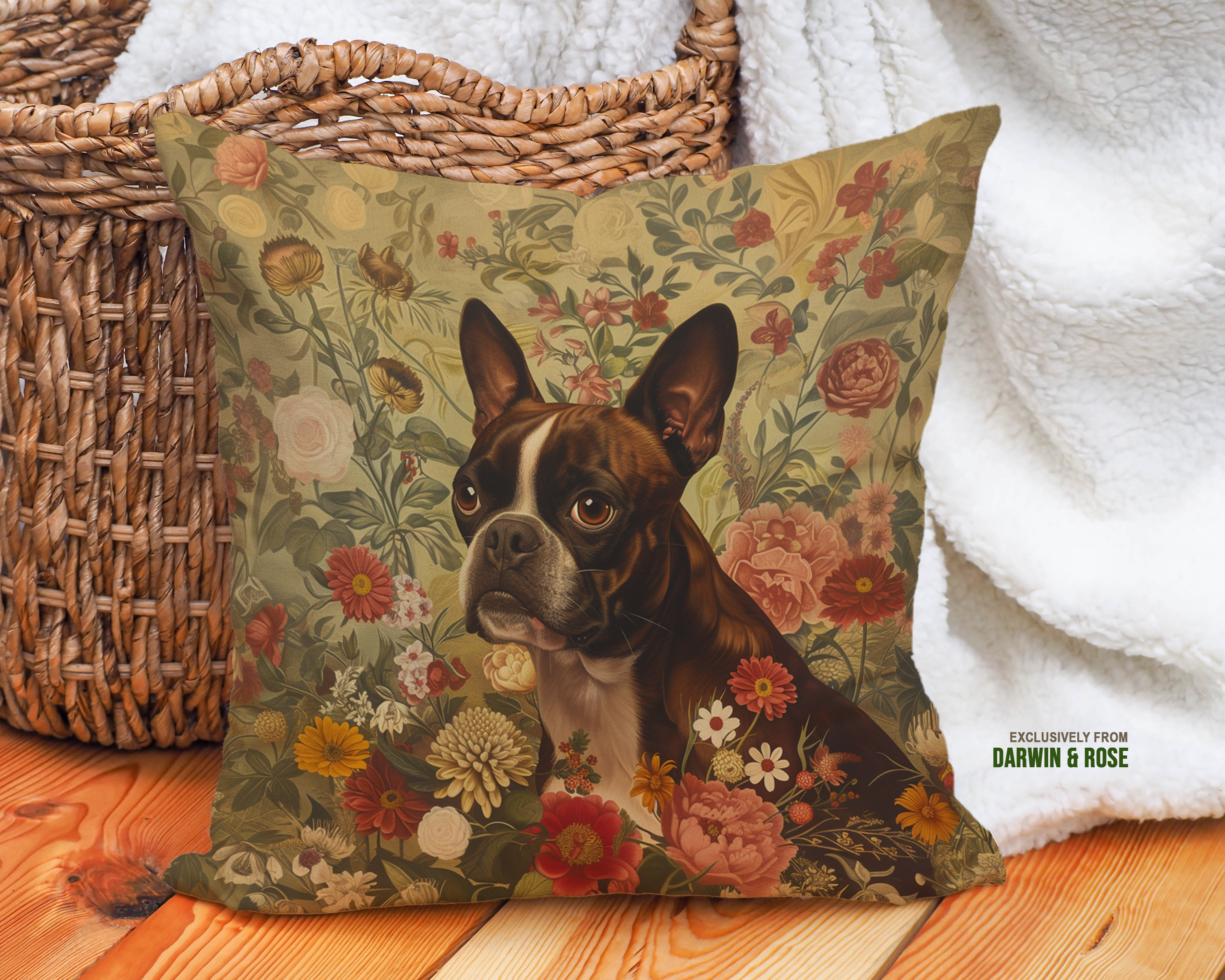 Boston Terrier Bloom Throw Pillow - Vintage Floral Accent for Dog Lovers