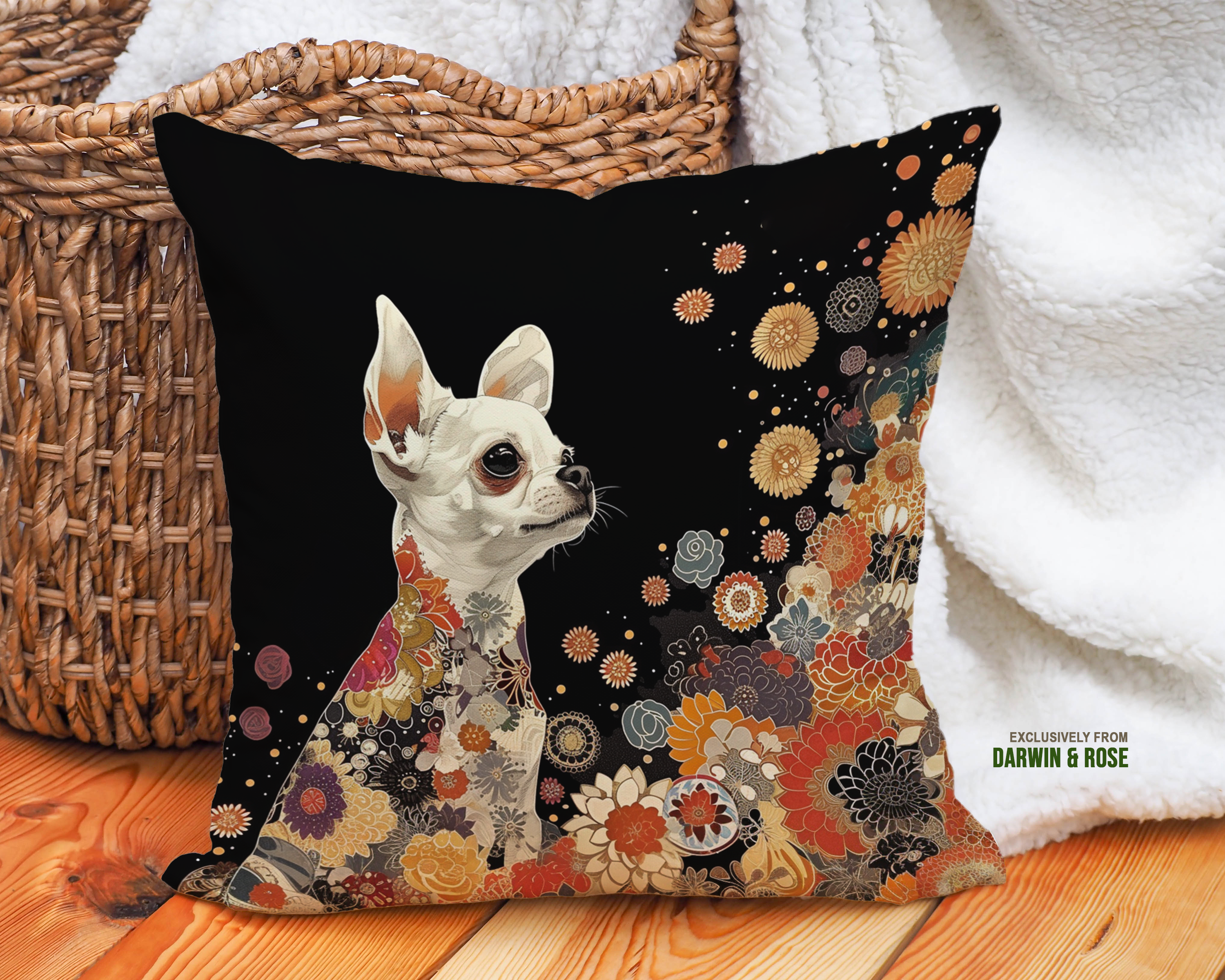 Floral Chihuahua Elegance Throw Pillow – Boho Chic Dog Lover's Décor