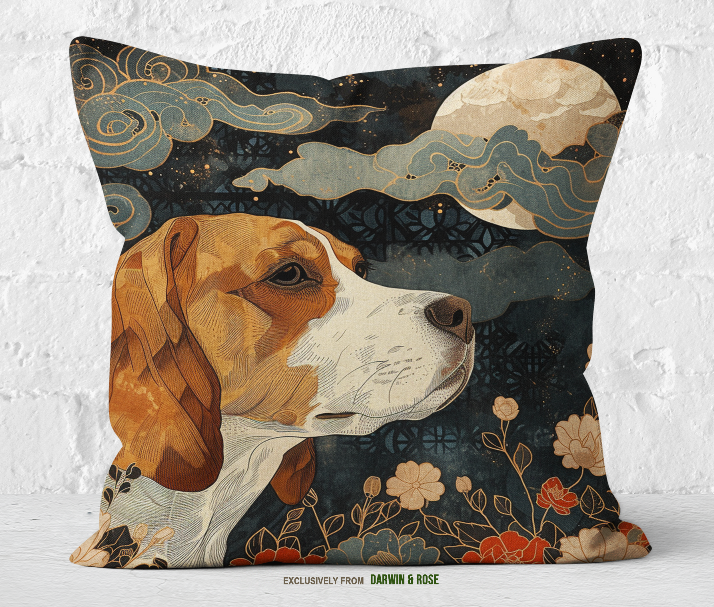 Beagle Night Blooms Throw Pillow - Modern Boho Style