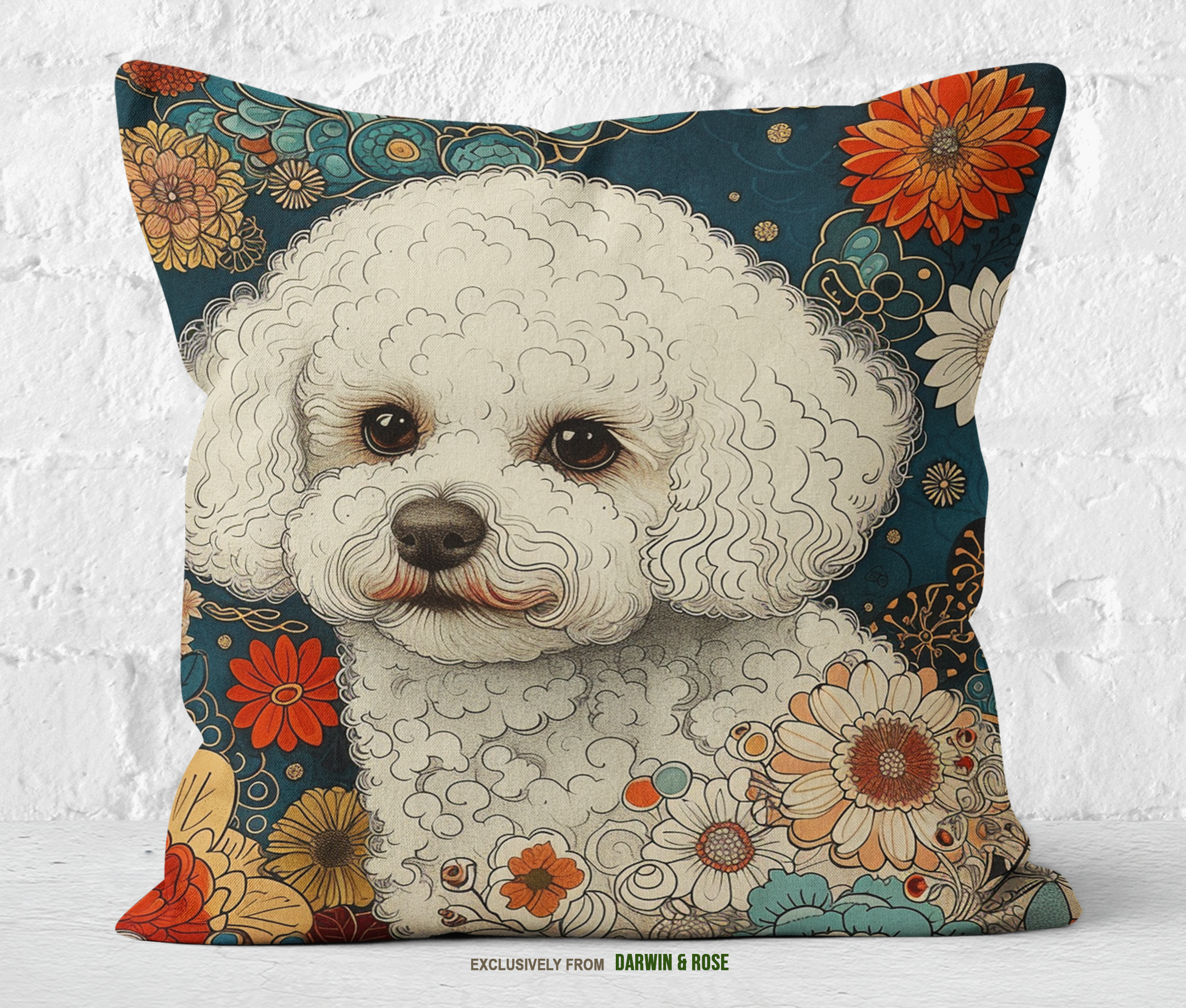 Floral Boho Bichon Frise Throw Pillow – Vibrant Modern Décor Accent