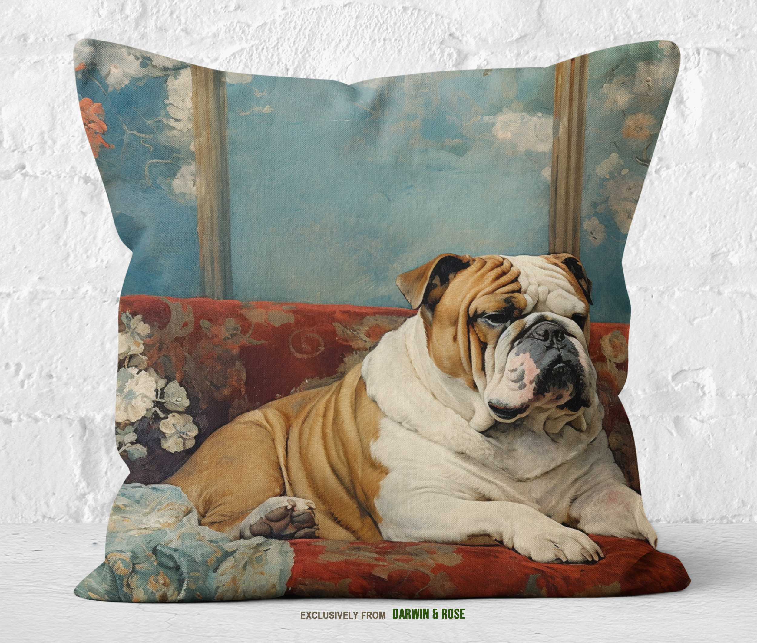 English Bulldog Elegance: Vintage Floral Throw Pillow