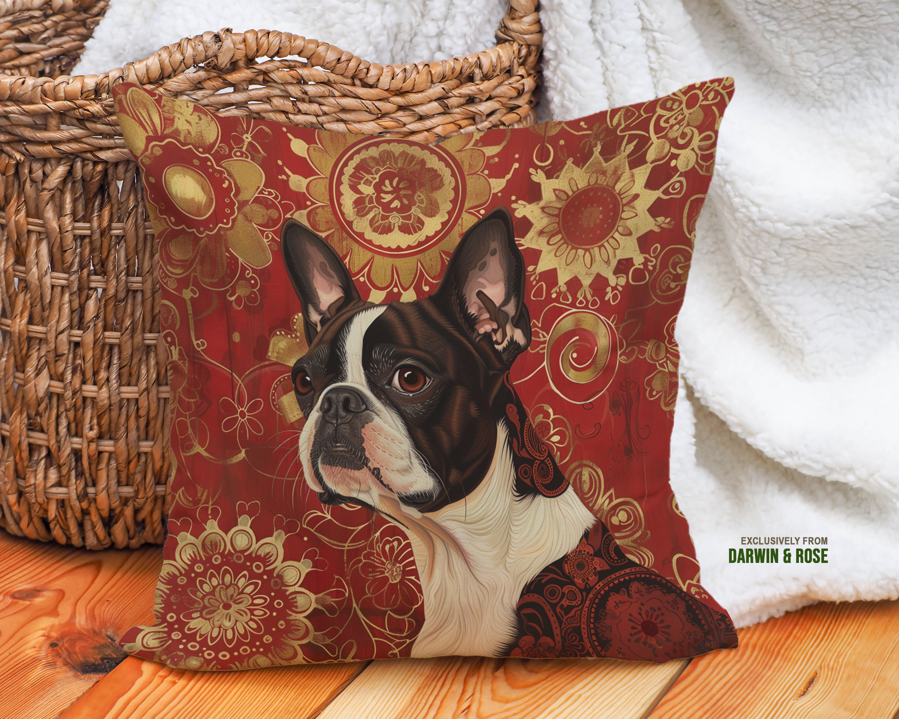 Boston Terrier Elegance – Red & Gold Boho Throw Pillow