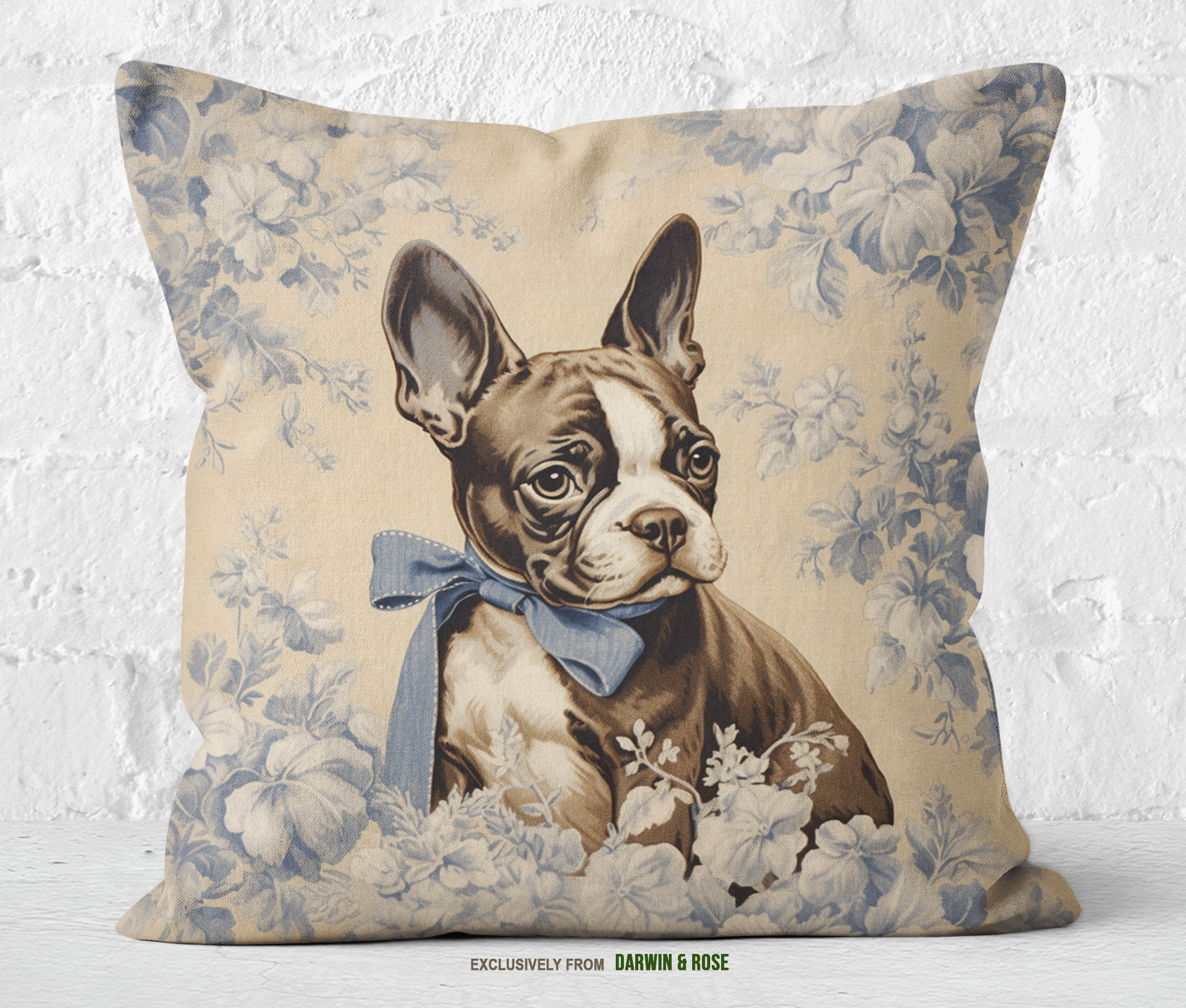 Boston Terrier Vintage Floral Throw Pillow, Farmhouse Blue and Beige Decor