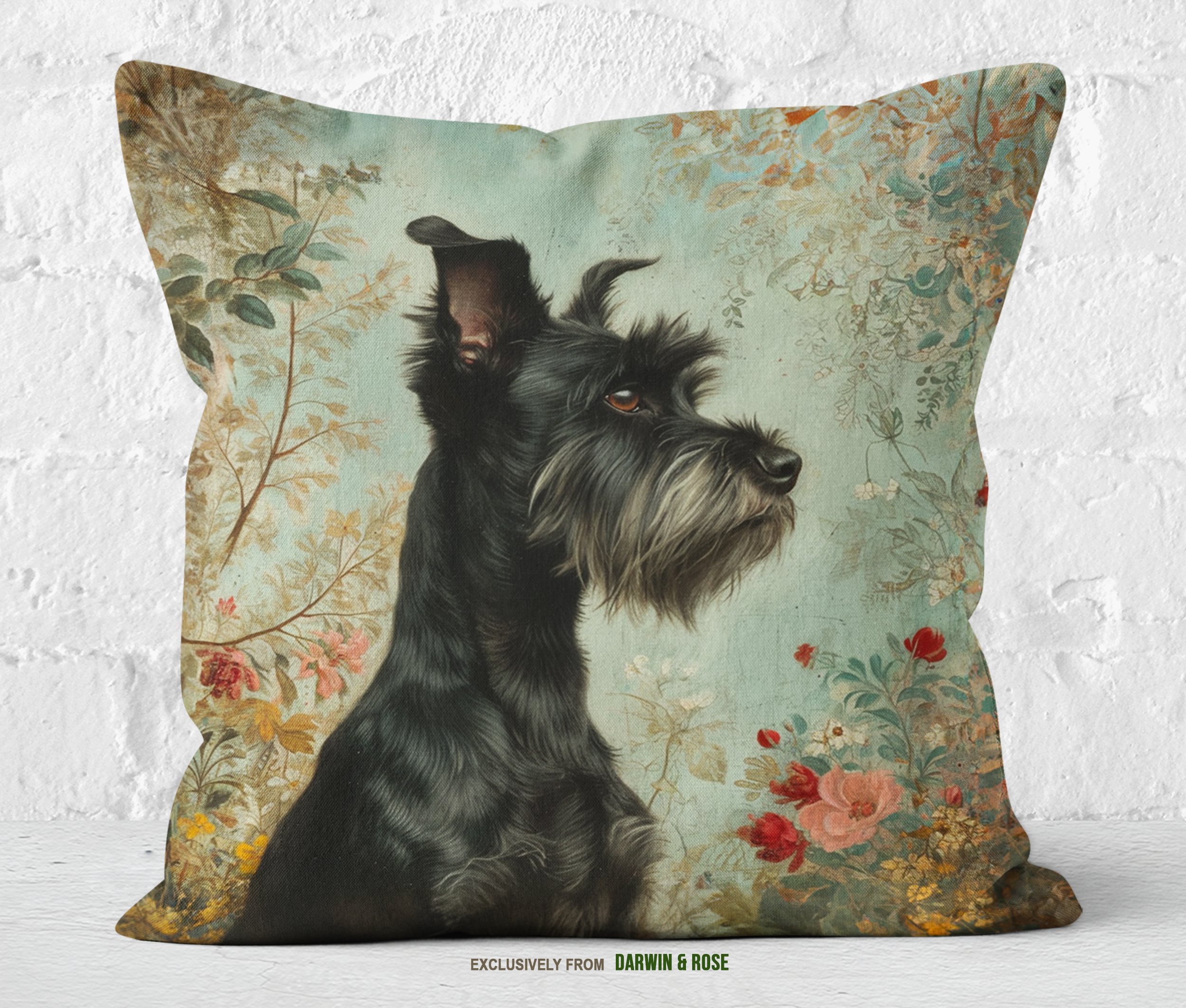 Miniature Schnauzer Floral Elegance Throw Pillow – Vintage Boho Style