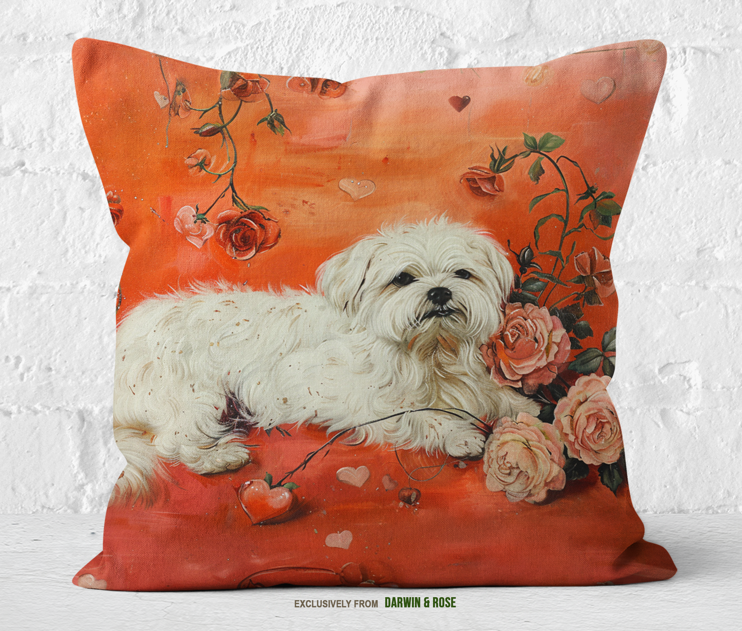 Charming Maltese Valentine Throw Pillow – Romantic Floral Design