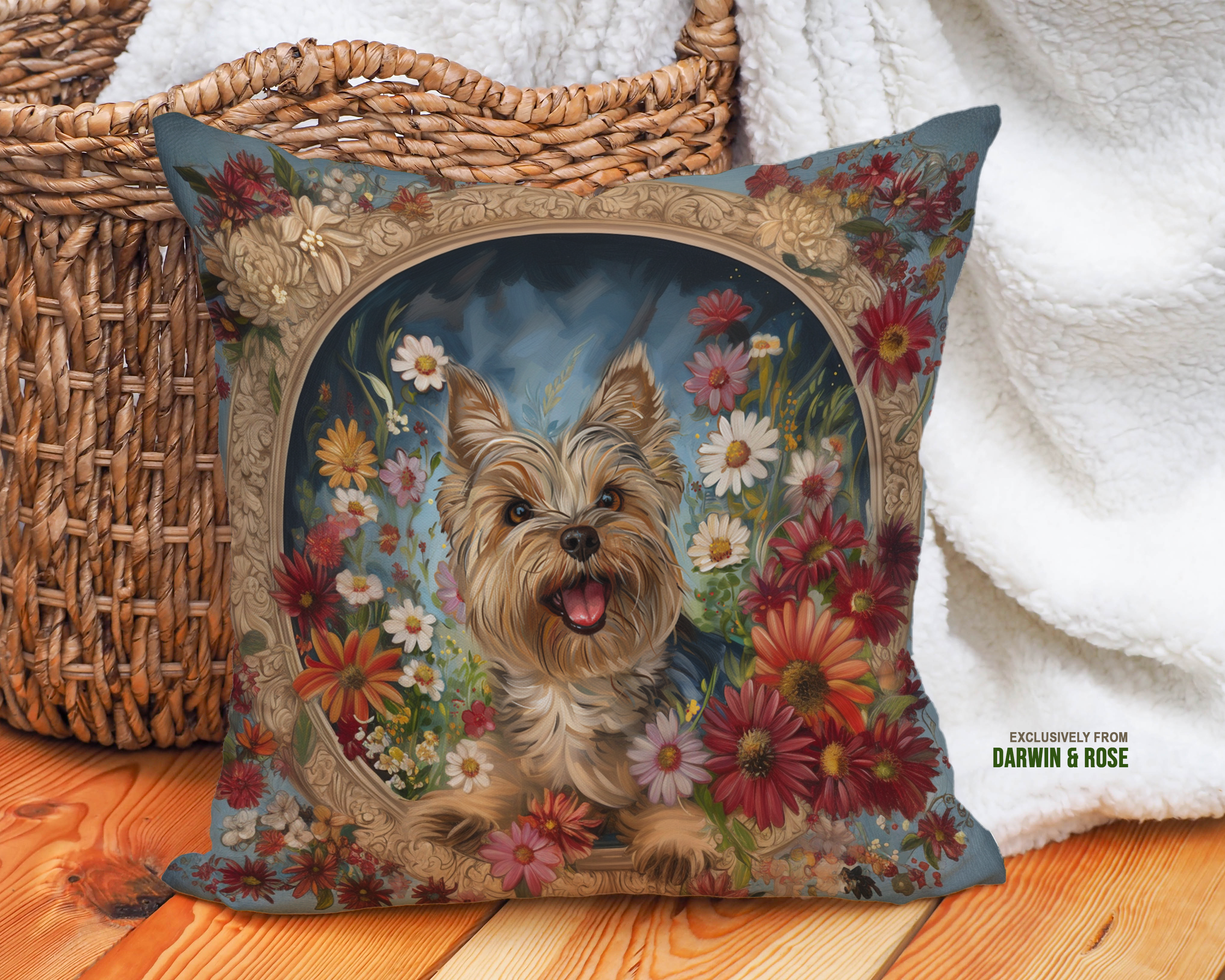 Yorkshire Terrier Floral Boho Throw Pillow – Vibrant and Charming Décor