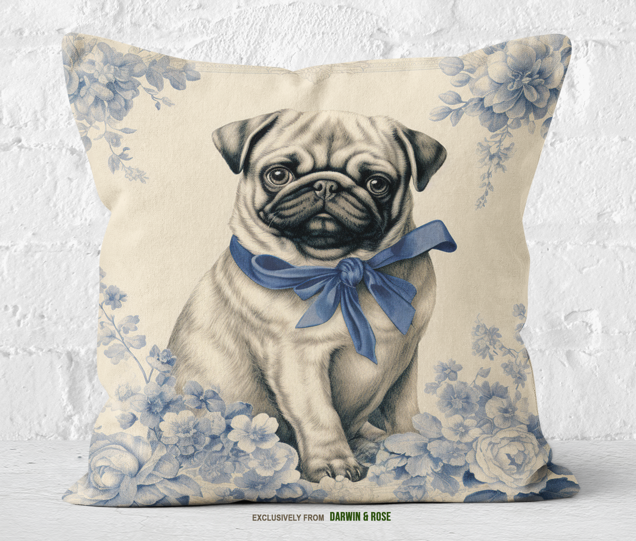 Vintage Blue Floral Pug Decorative Throw Pillow