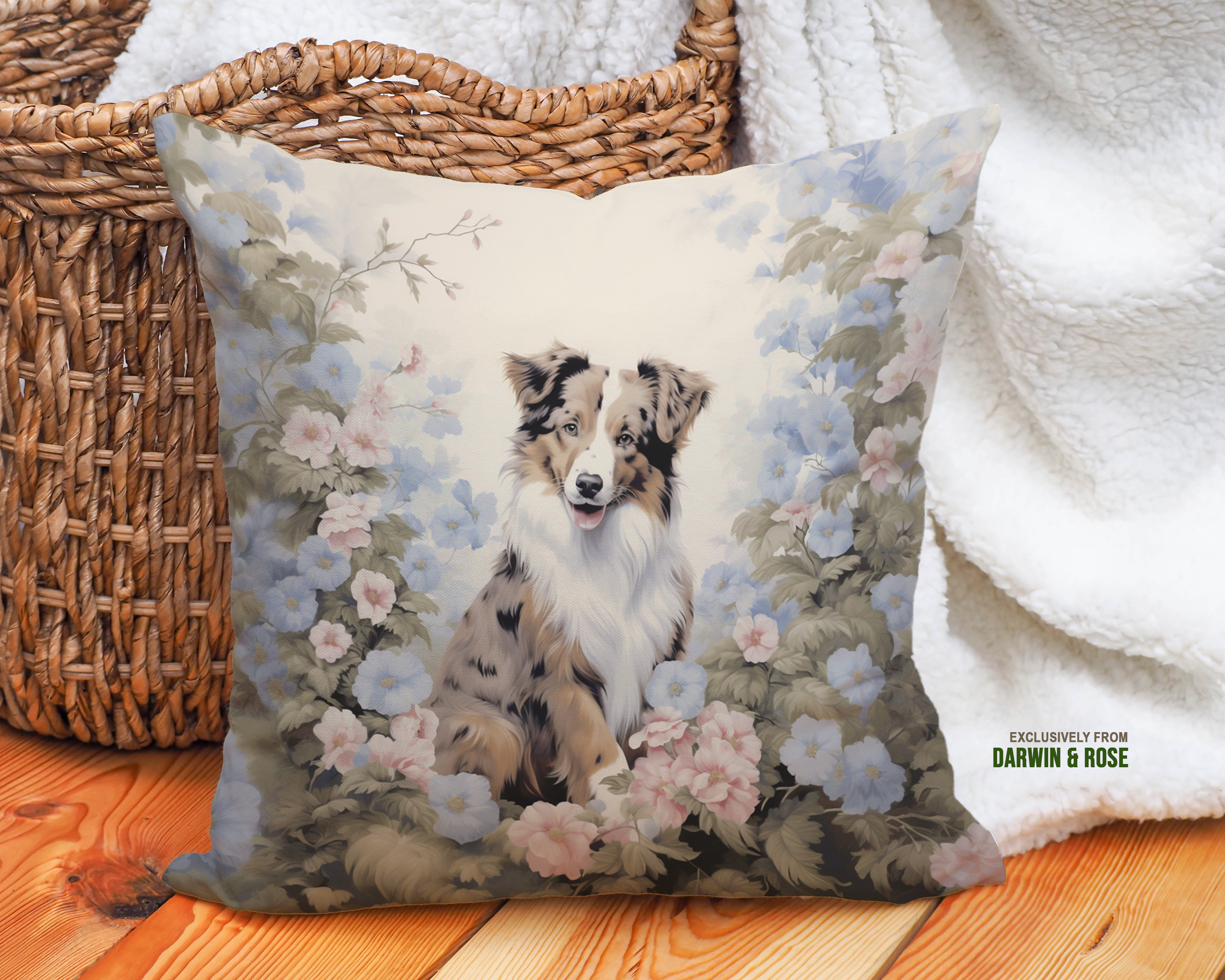 Australian Shepherd Floral Elegance Throw Pillow – Farmhouse Style Home Décor