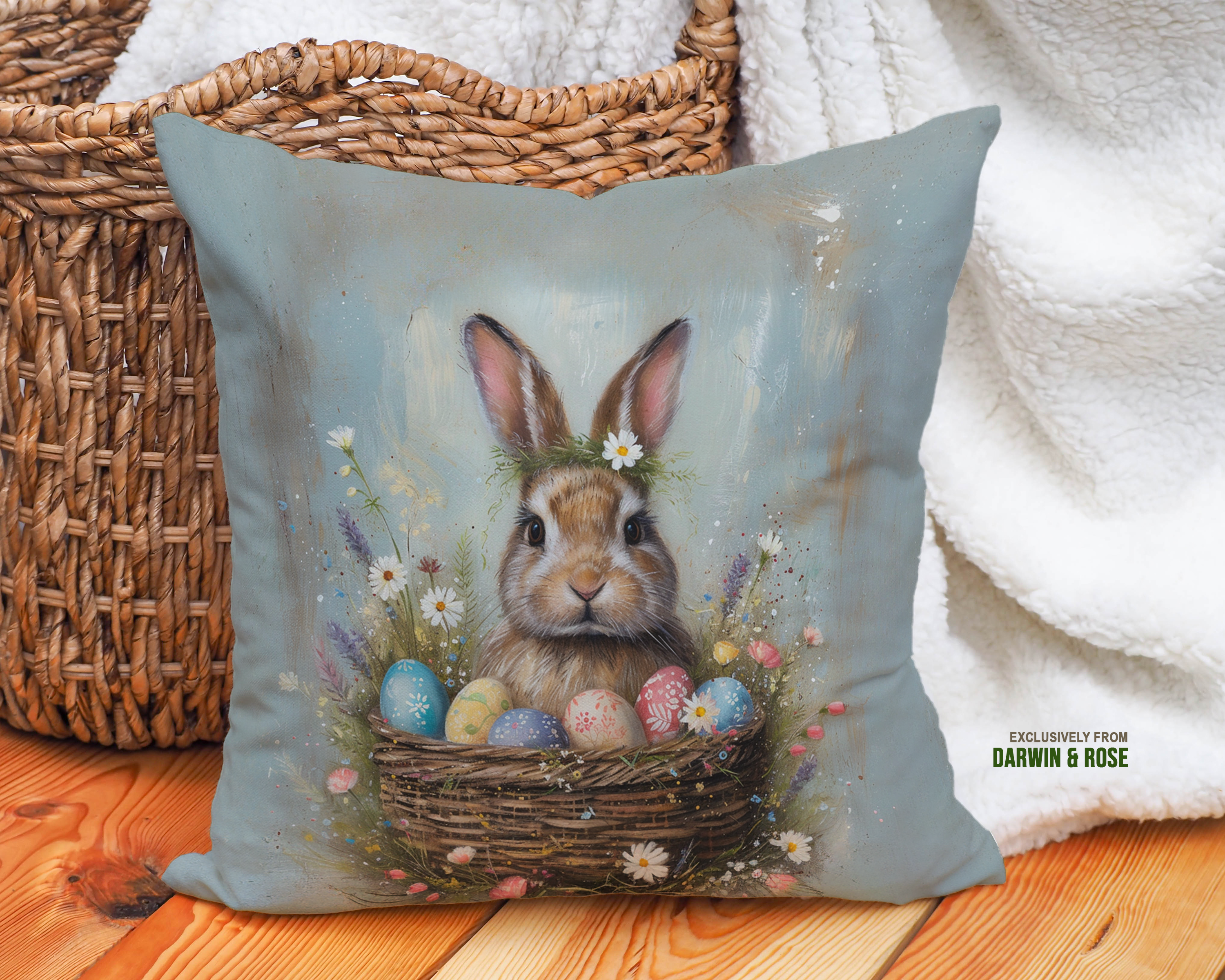 Easter Bunny Boho Throw Pillow with Spring Florals and Eggs