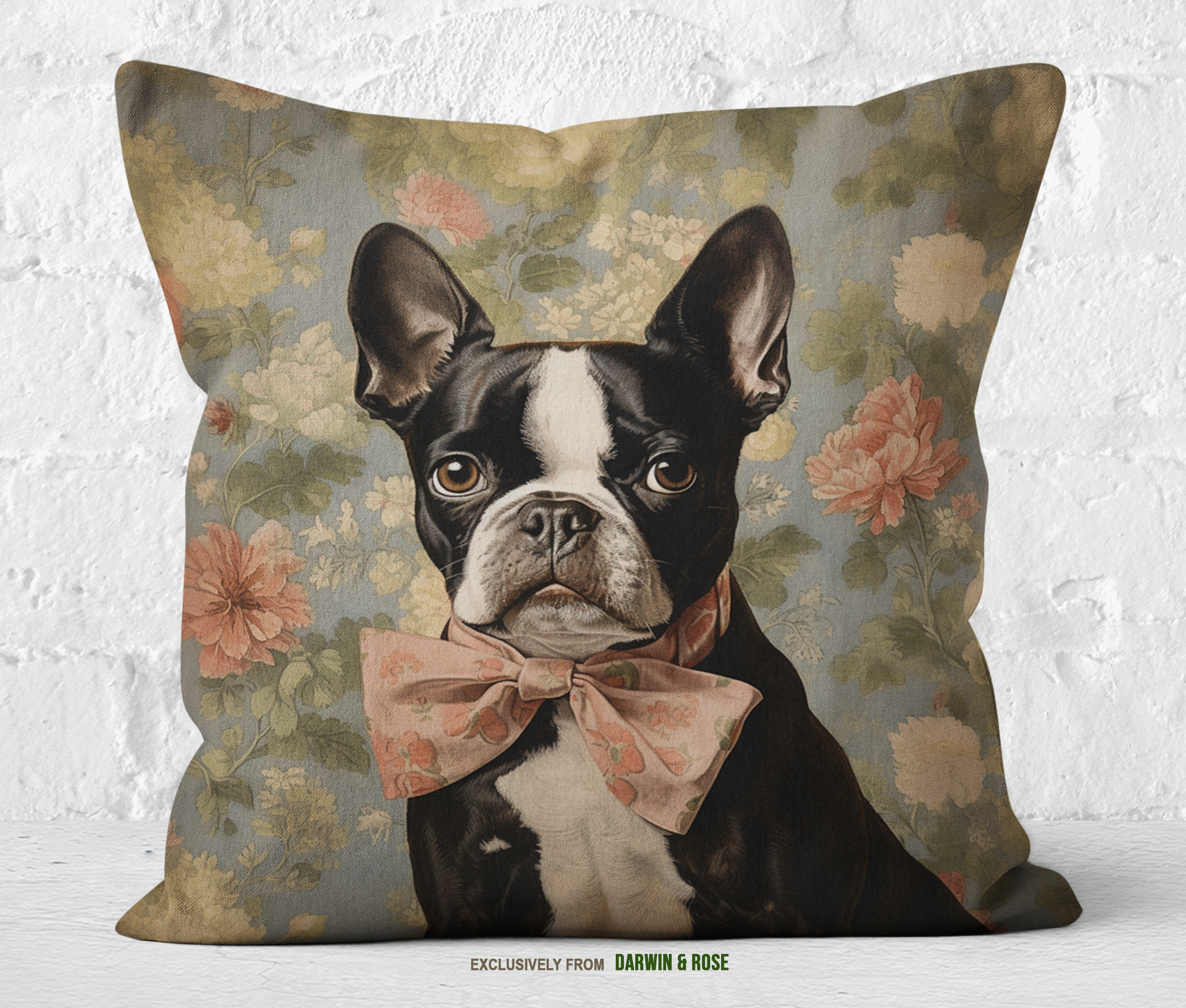Boston Terrier Floral Elegance Throw Pillow – Vintage Farmhouse Style