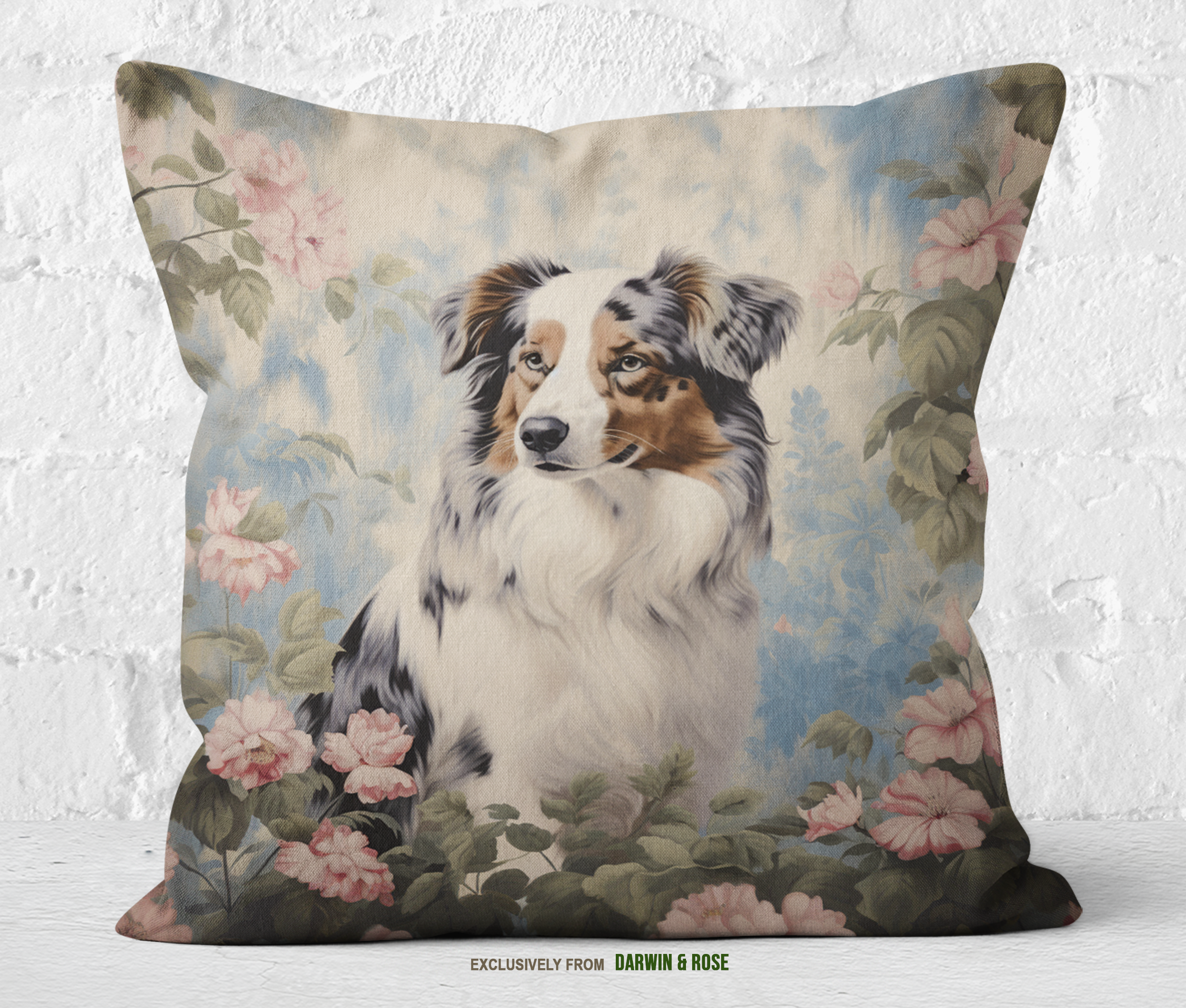 Australian Shepherd Floral Elegance Throw Pillow – Romantic Cottagecore Style