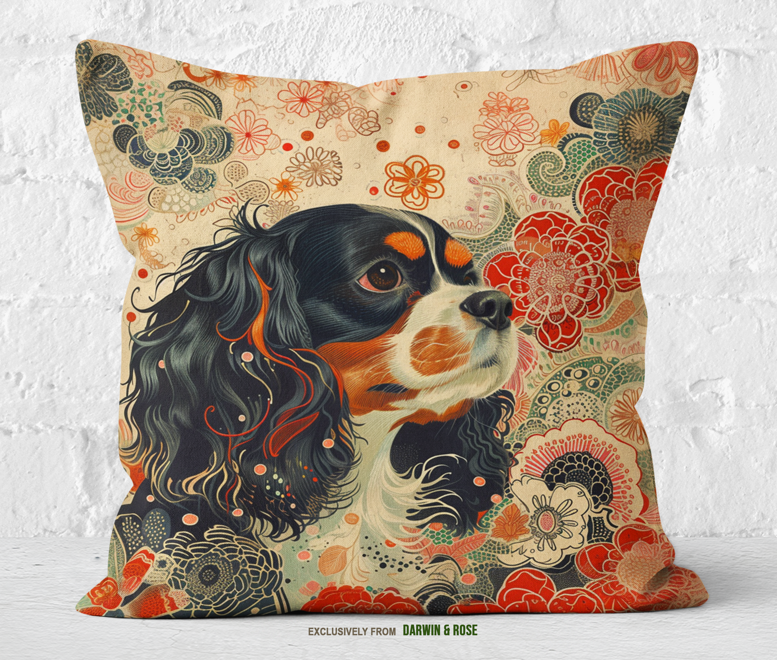 Elegant Boho Cavalier King Charles Spaniel Floral Throw Pillow