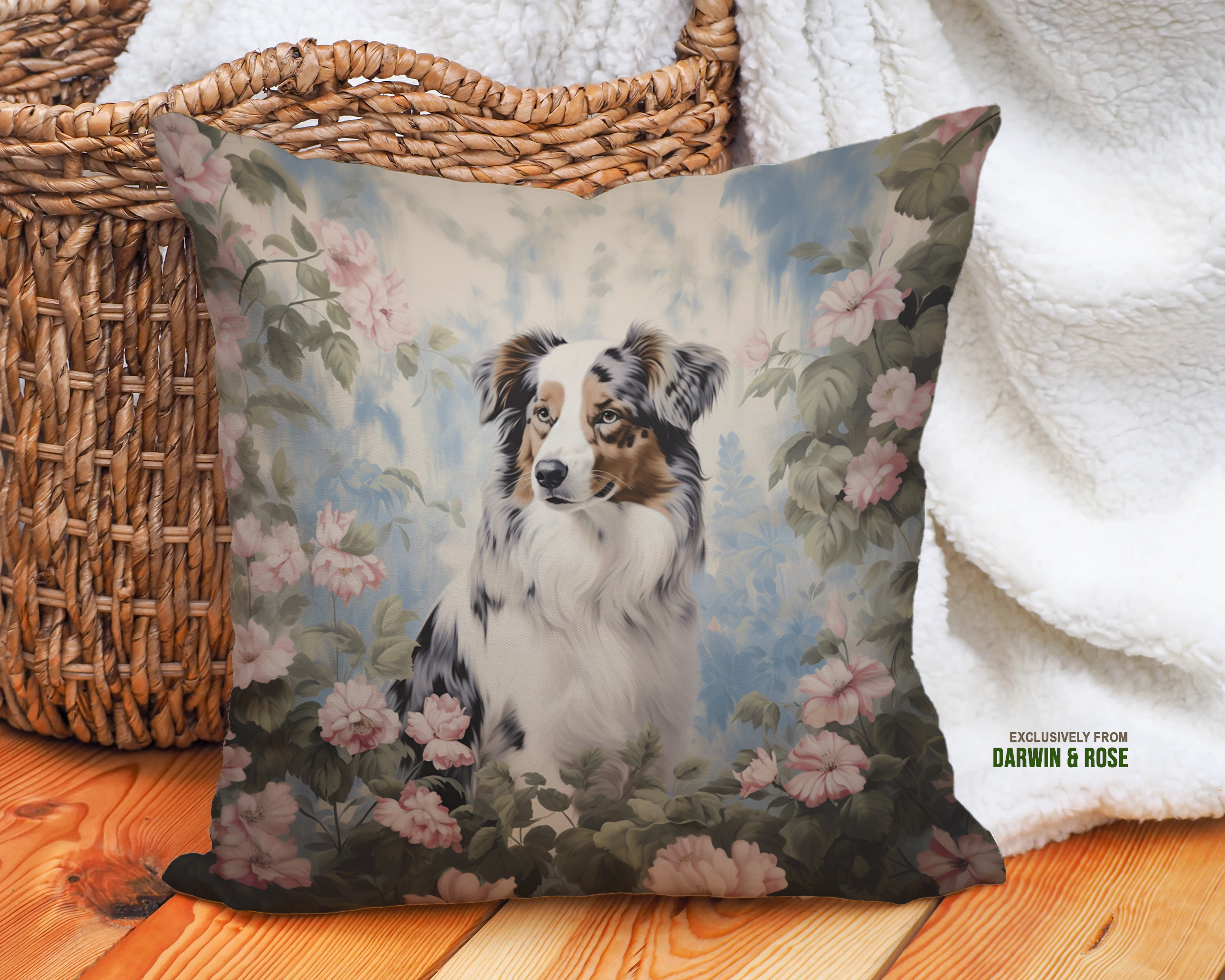 Australian Shepherd Floral Elegance Throw Pillow – Romantic Cottagecore Style