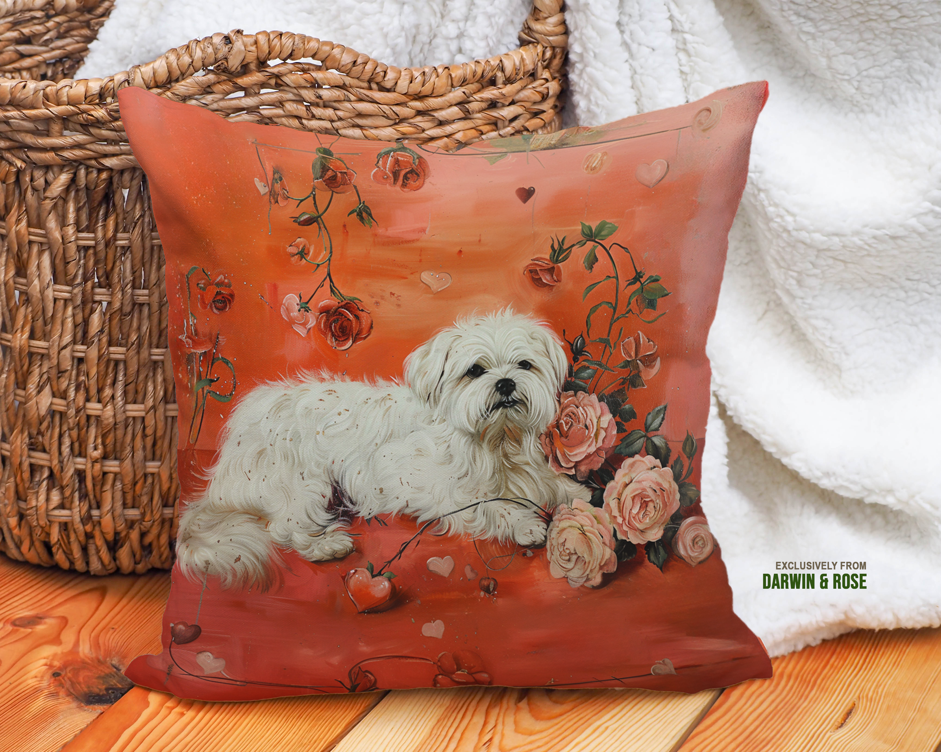 Charming Maltese Valentine Throw Pillow – Romantic Floral Design