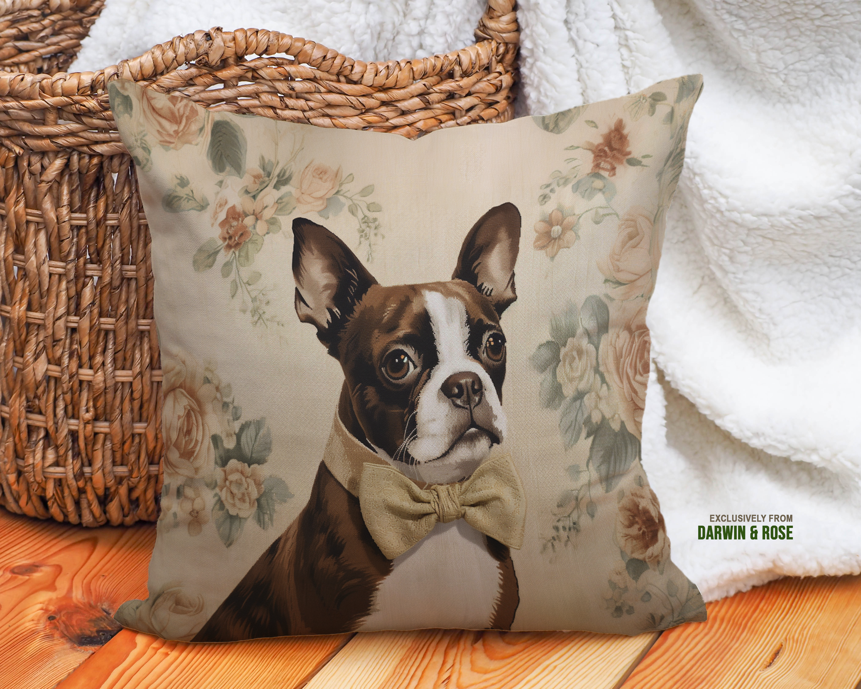 Boston Terrier Elegance: Vintage Floral Throw Pillow