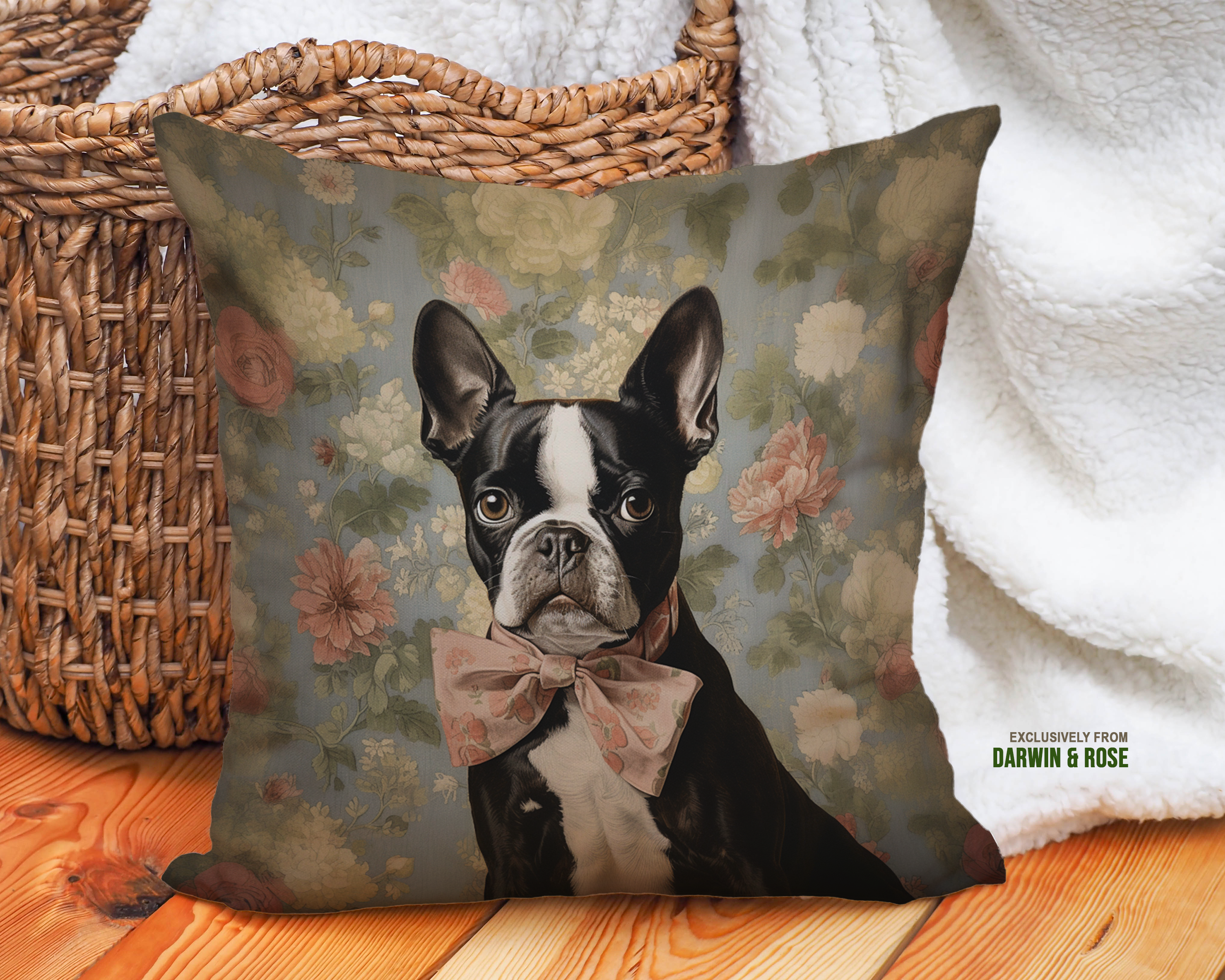 Boston Terrier Floral Elegance Throw Pillow – Vintage Farmhouse Style