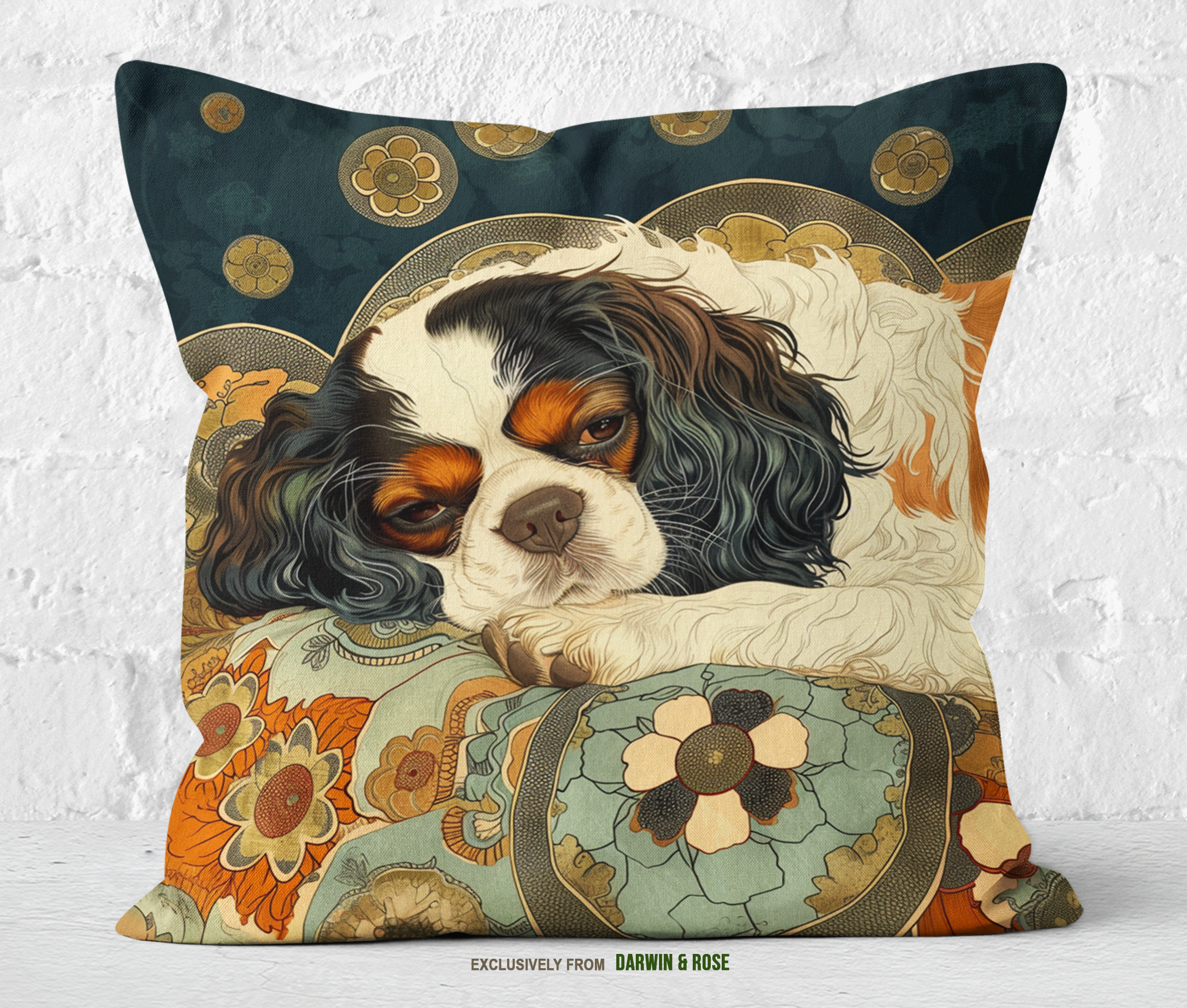 Cavalier King Charles Spaniel Boho Throw Pillow – Cozy Floral Design