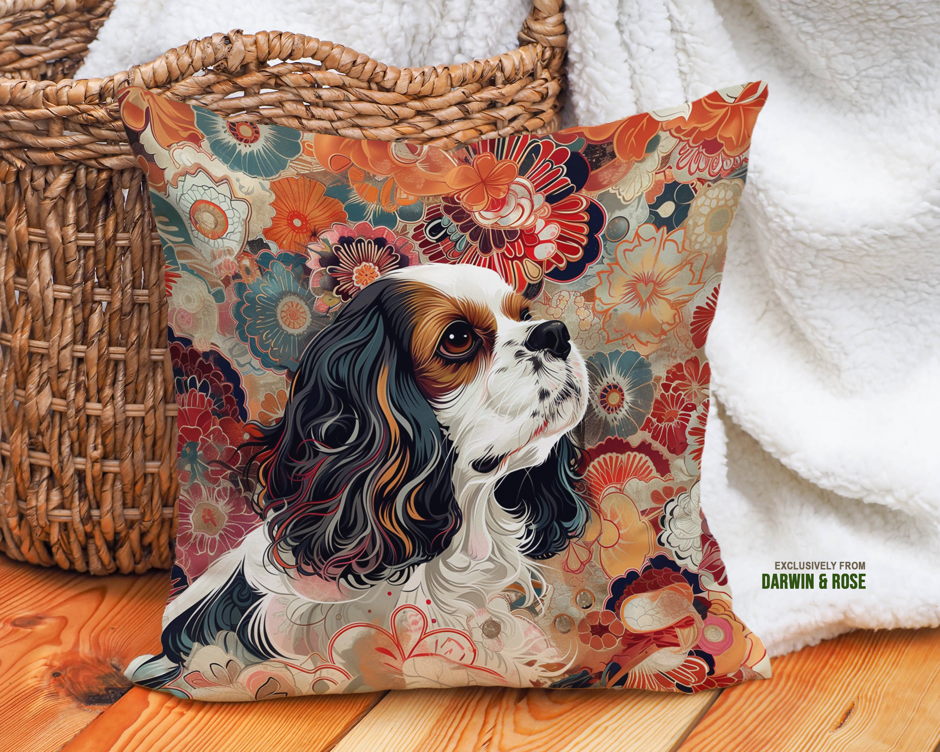 Cavalier King Charles Spaniel Floral Elegance Throw Pillow