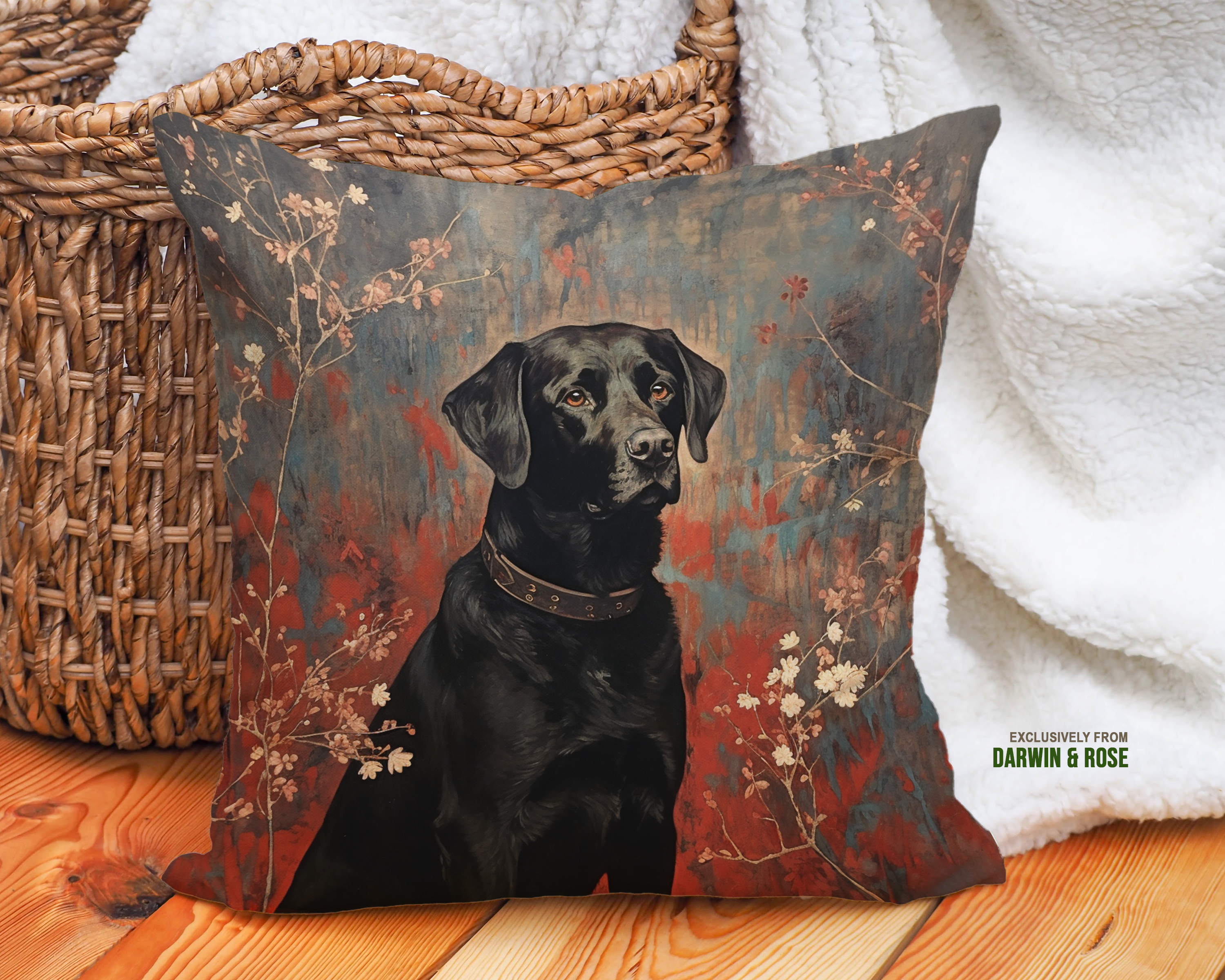 Black Labrador Retriever Floral Elegance Throw Pillow