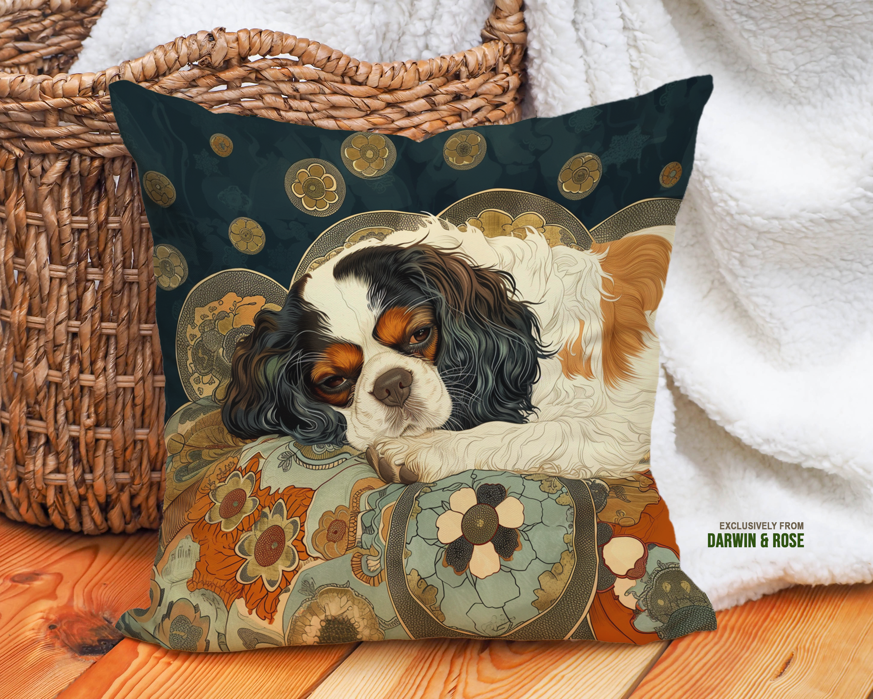 Cavalier King Charles Spaniel Boho Throw Pillow – Cozy Floral Design