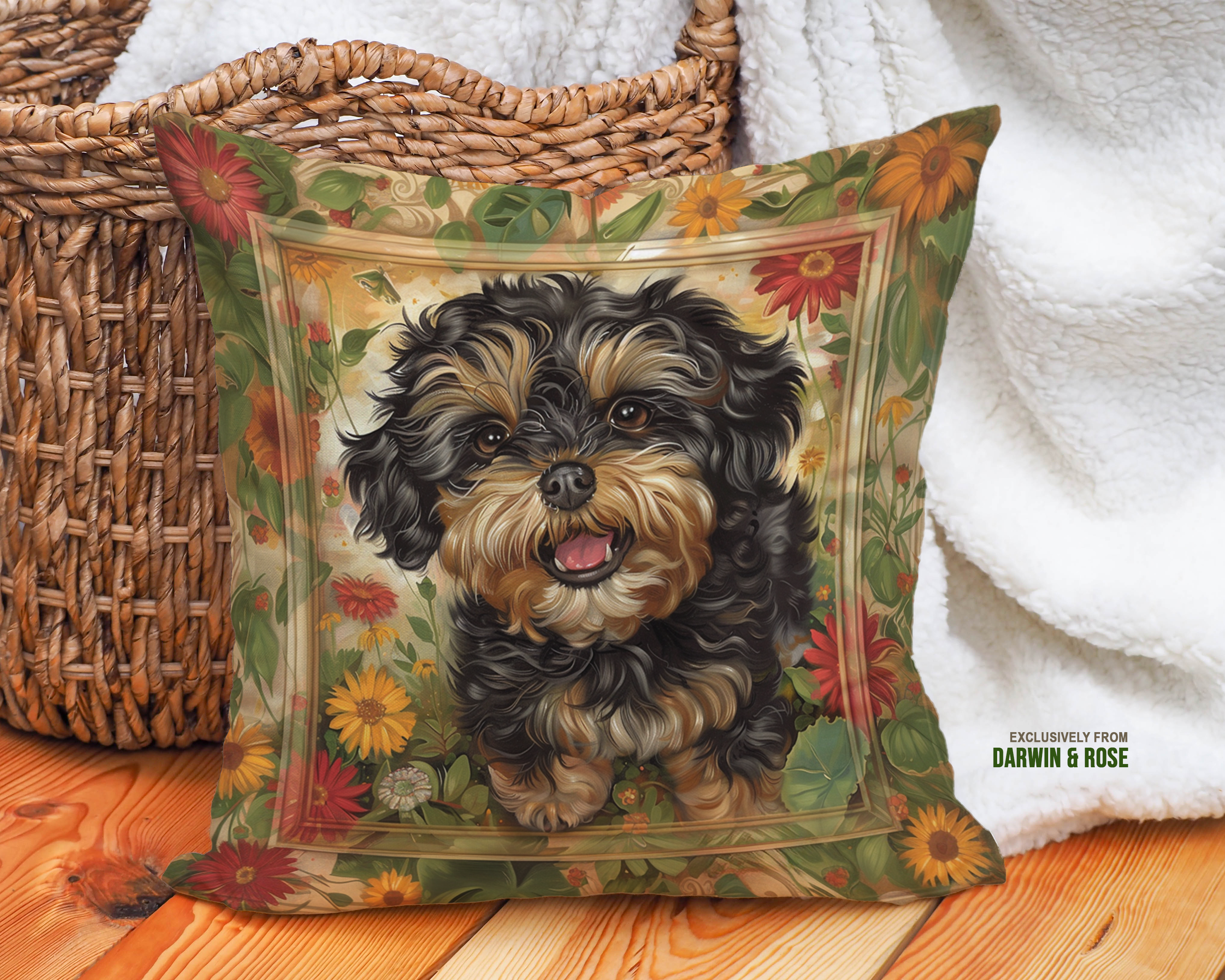 Yorkipoo Floral Delight Throw Pillow - Rustic Farmhouse Charm