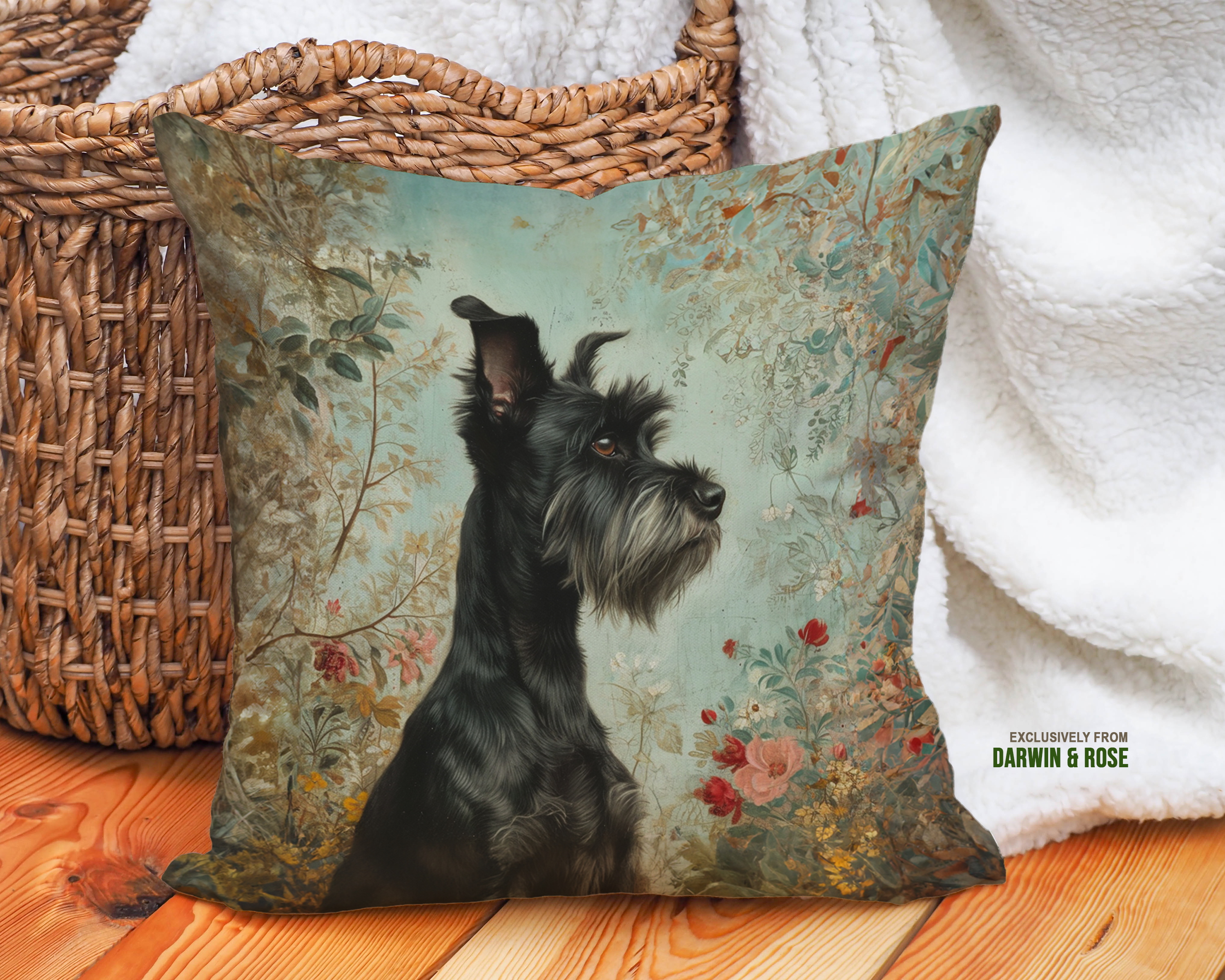 Miniature Schnauzer Floral Elegance Throw Pillow – Vintage Boho Style