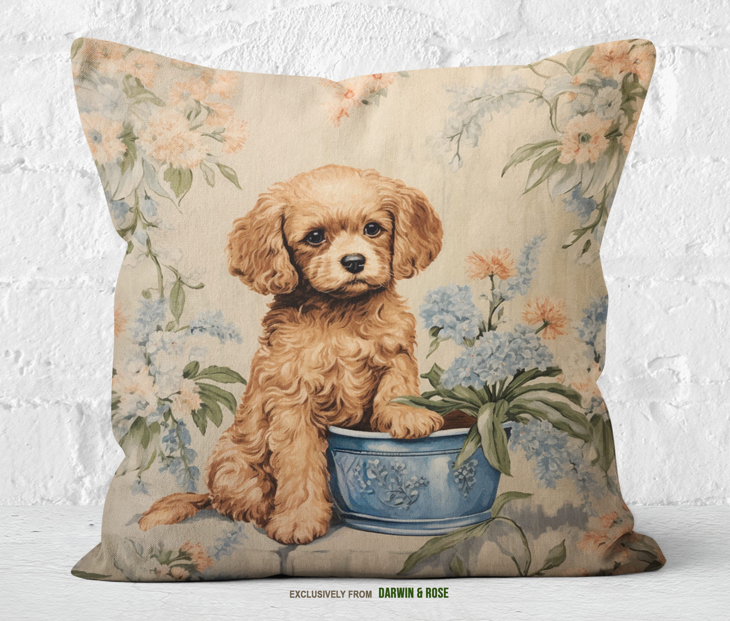 Cavapoo Charm Floral Throw Pillow - Vintage Cottagecore Style