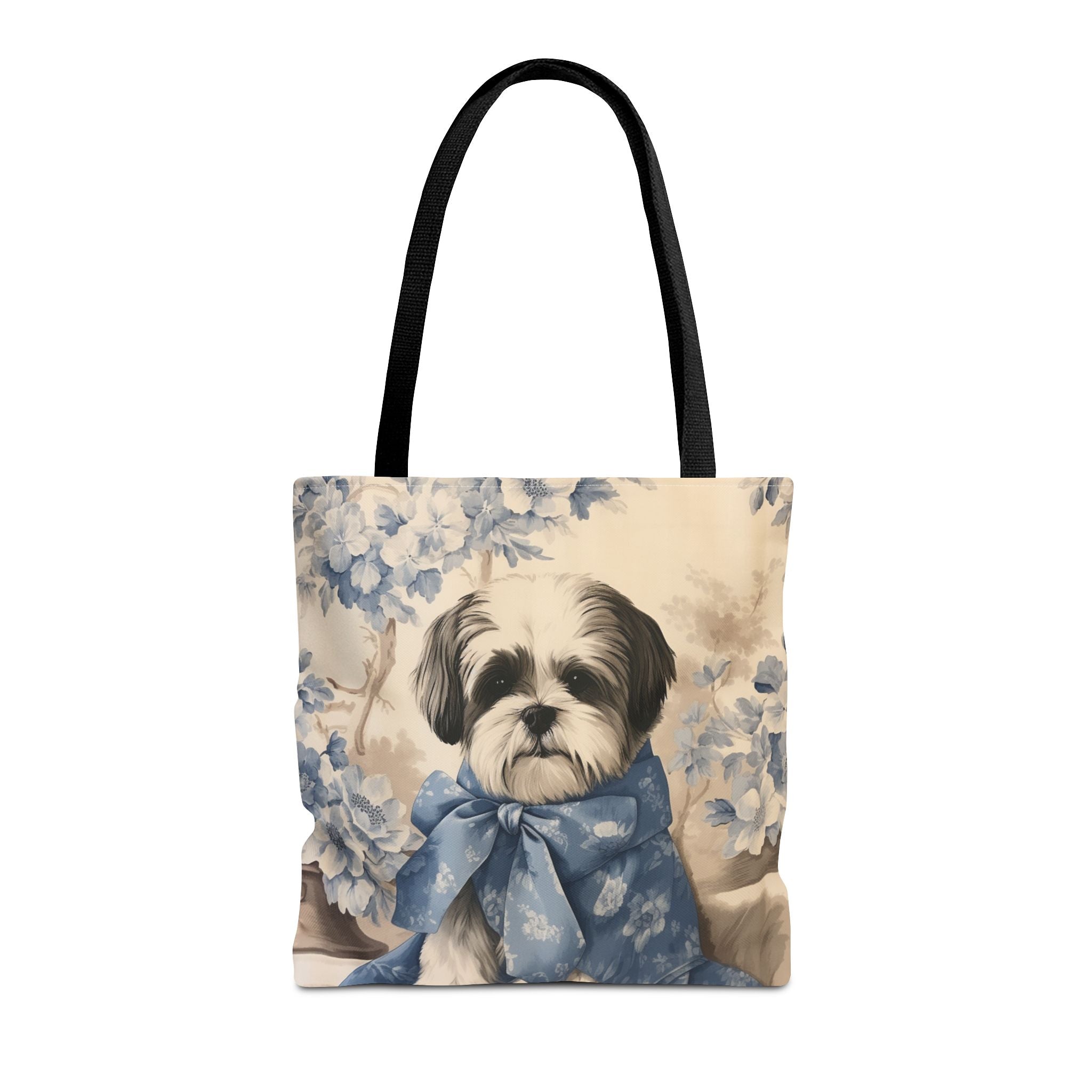 Elegant Shih Tzu Floral Tote Bag with Blue Bow for Dog Lovers - Darwin & Rose