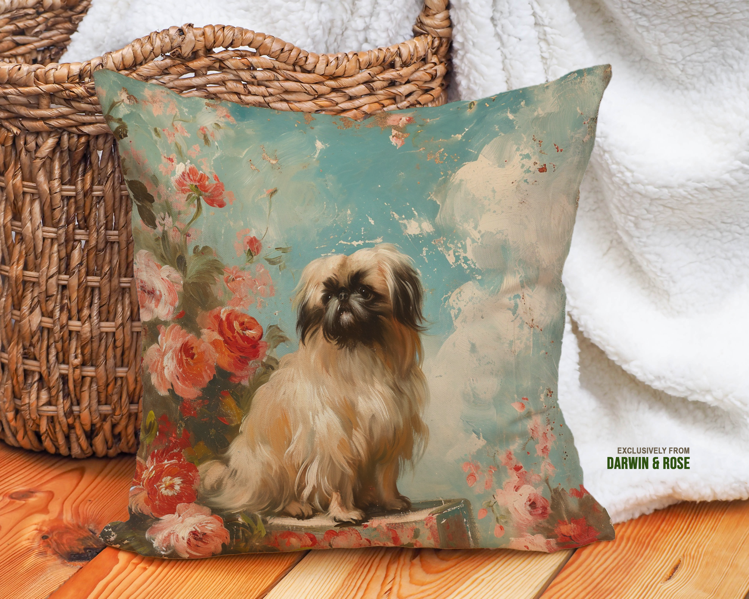 Pekingese Floral Elegance Throw Pillow - Vintage Romantic Decor