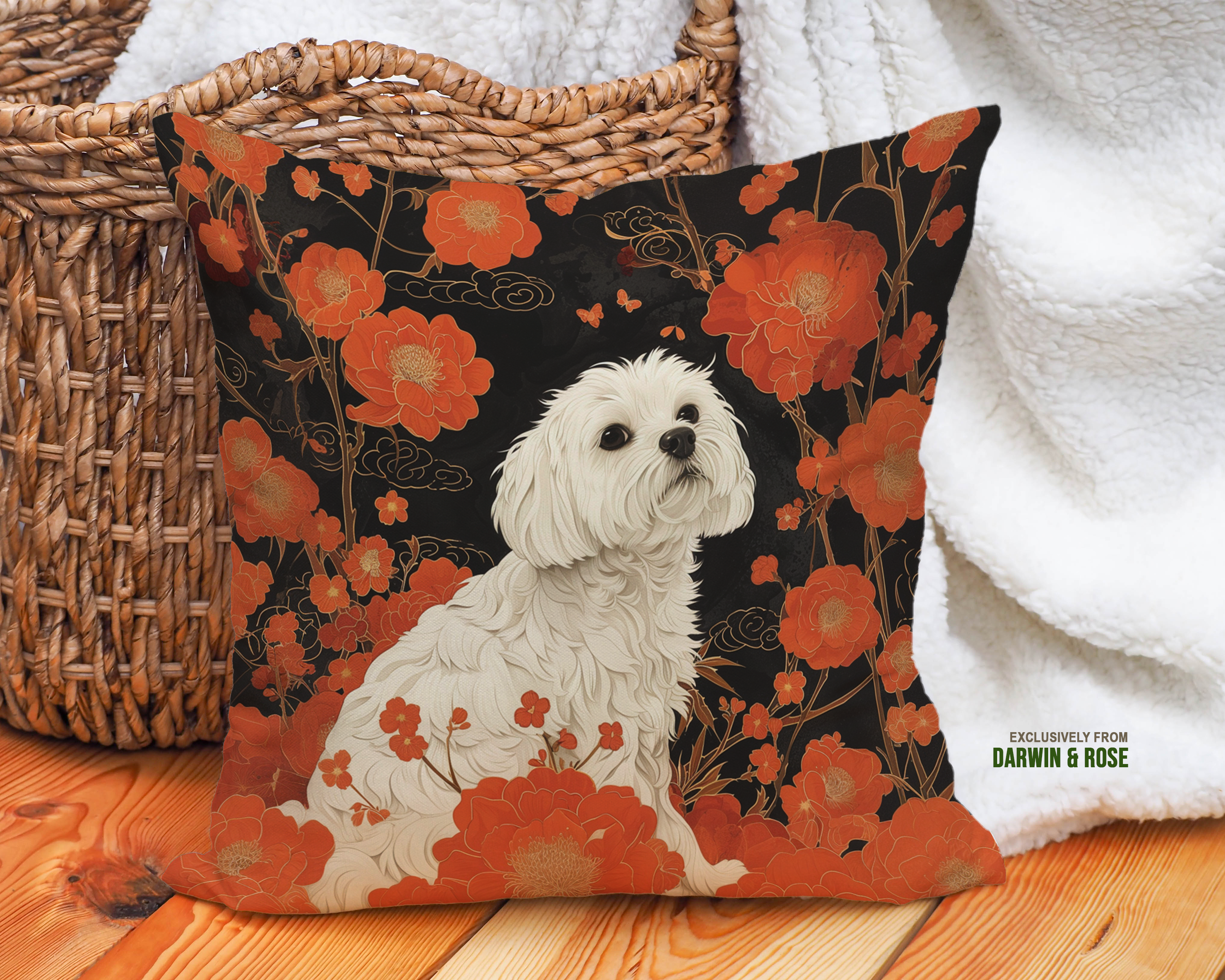 Maltese Elegance Throw Pillow – Modern Floral Design in Red and Black