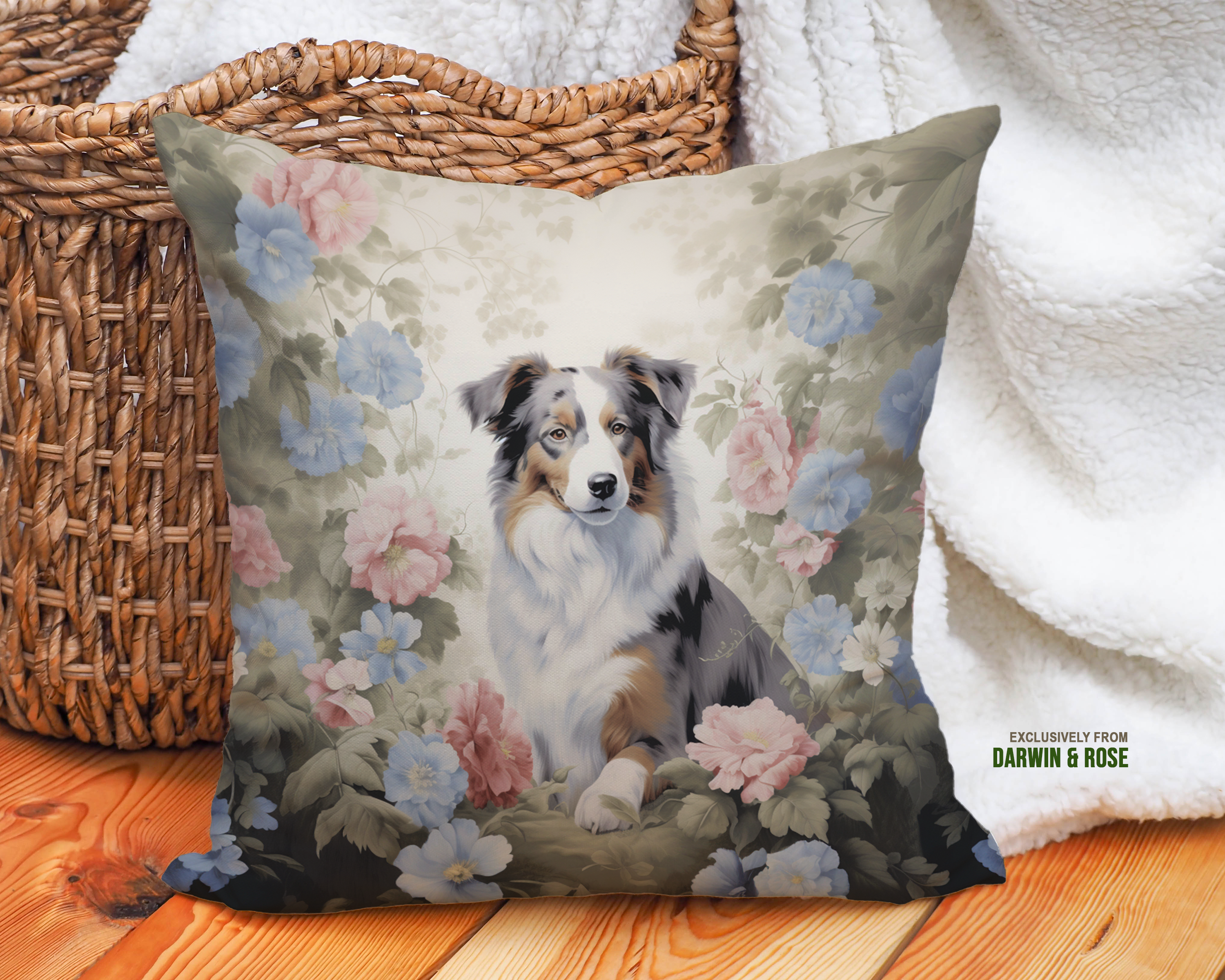 Floral Elegance Australian Shepherd Throw Pillow – Vintage Farmhouse Style