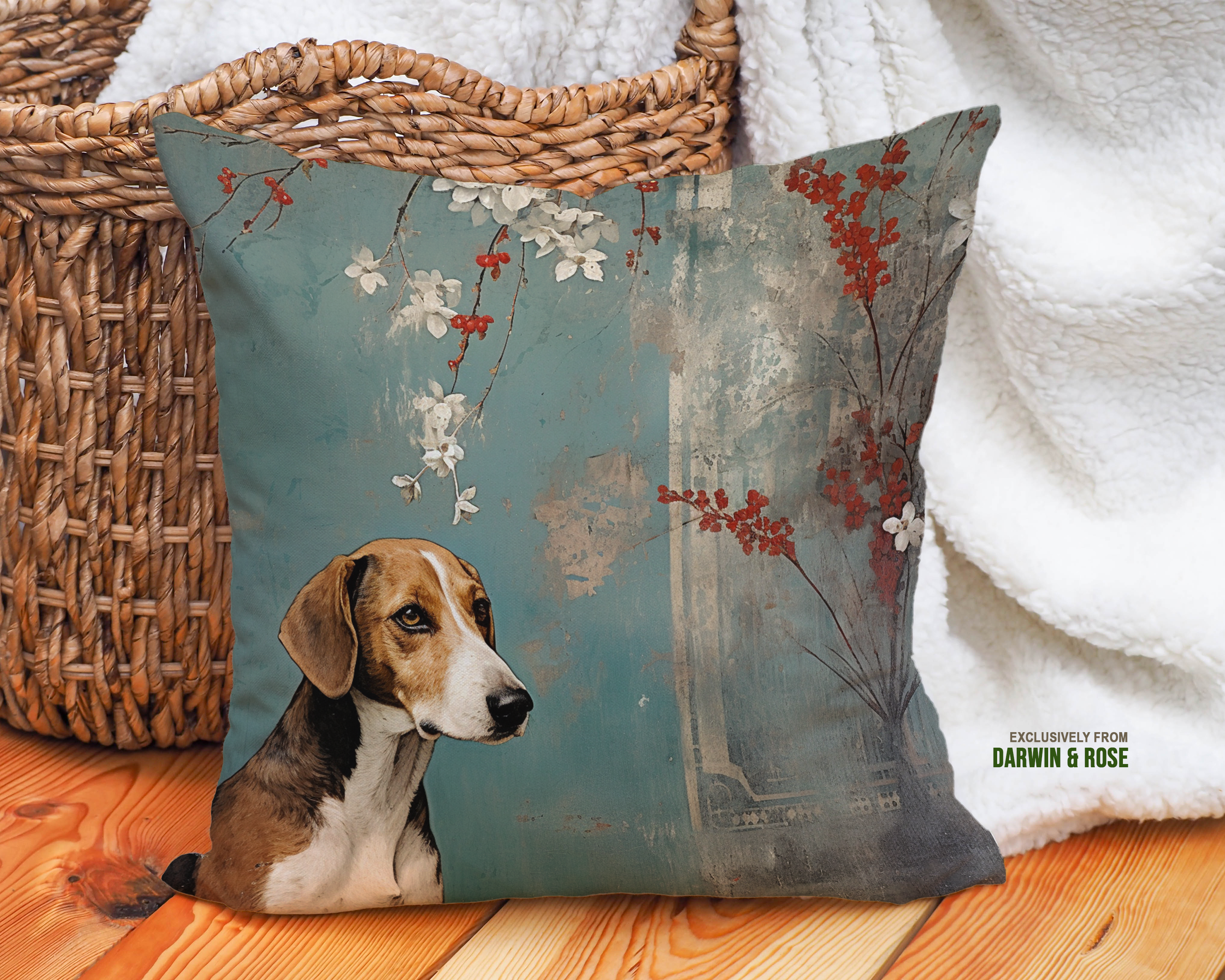 Beagle Blossom Elegance - Vintage Dog-Inspired Throw Pillow