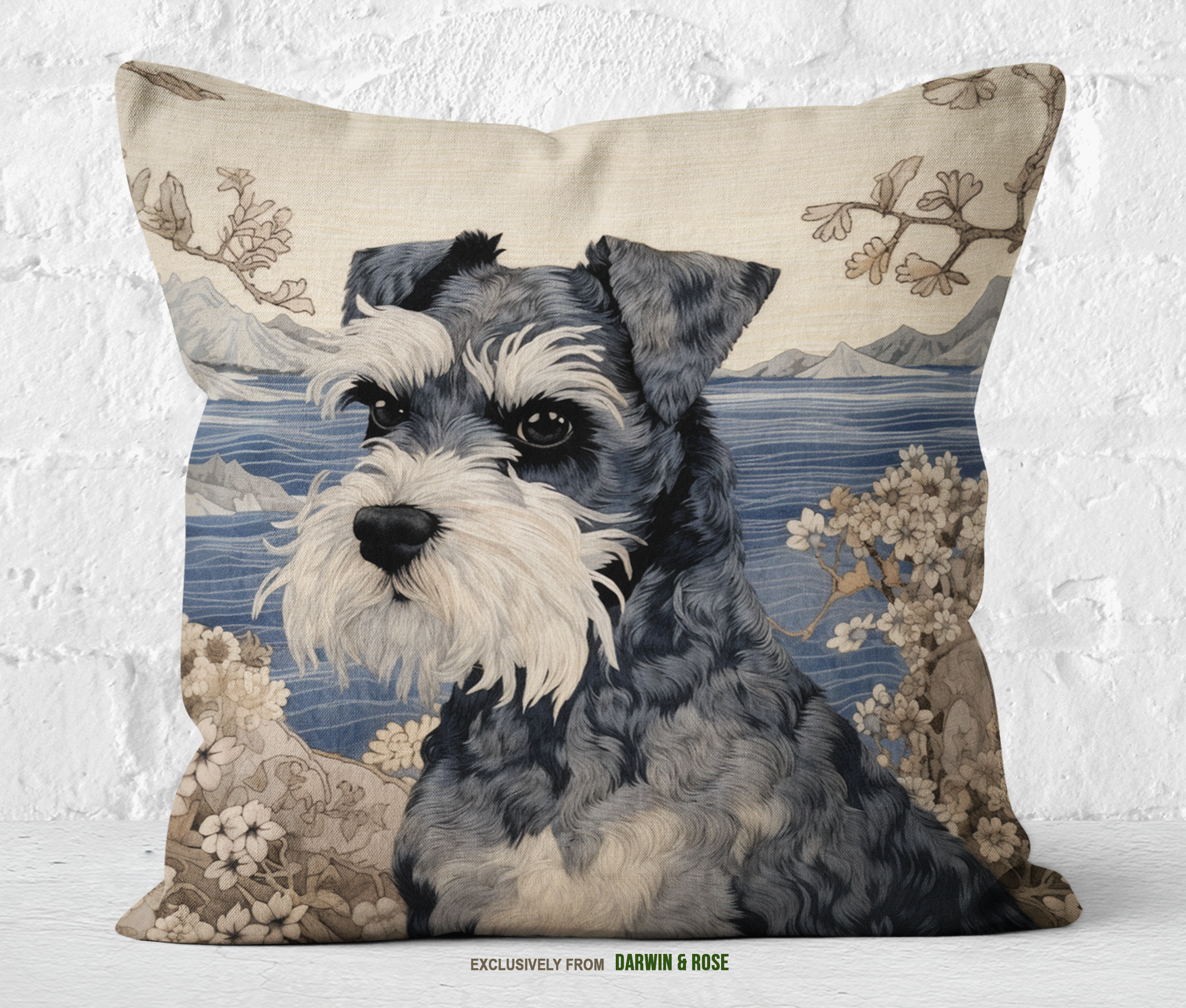 Miniature Schnauzer Scenic Design Throw Pillow – Coastal Farmhouse Style