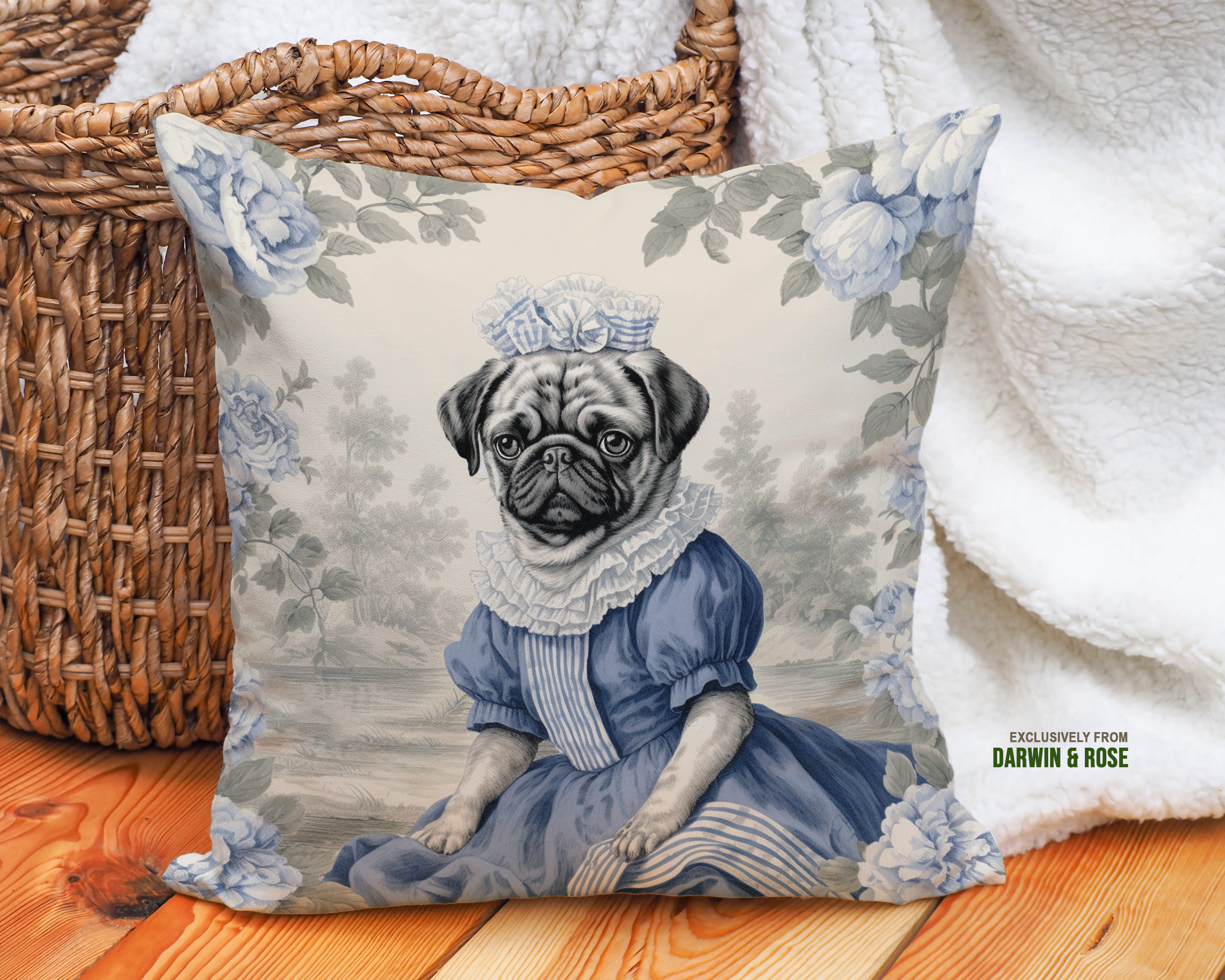 Victorian Elegance Pug Throw Pillow – Vintage Blue Floral Design