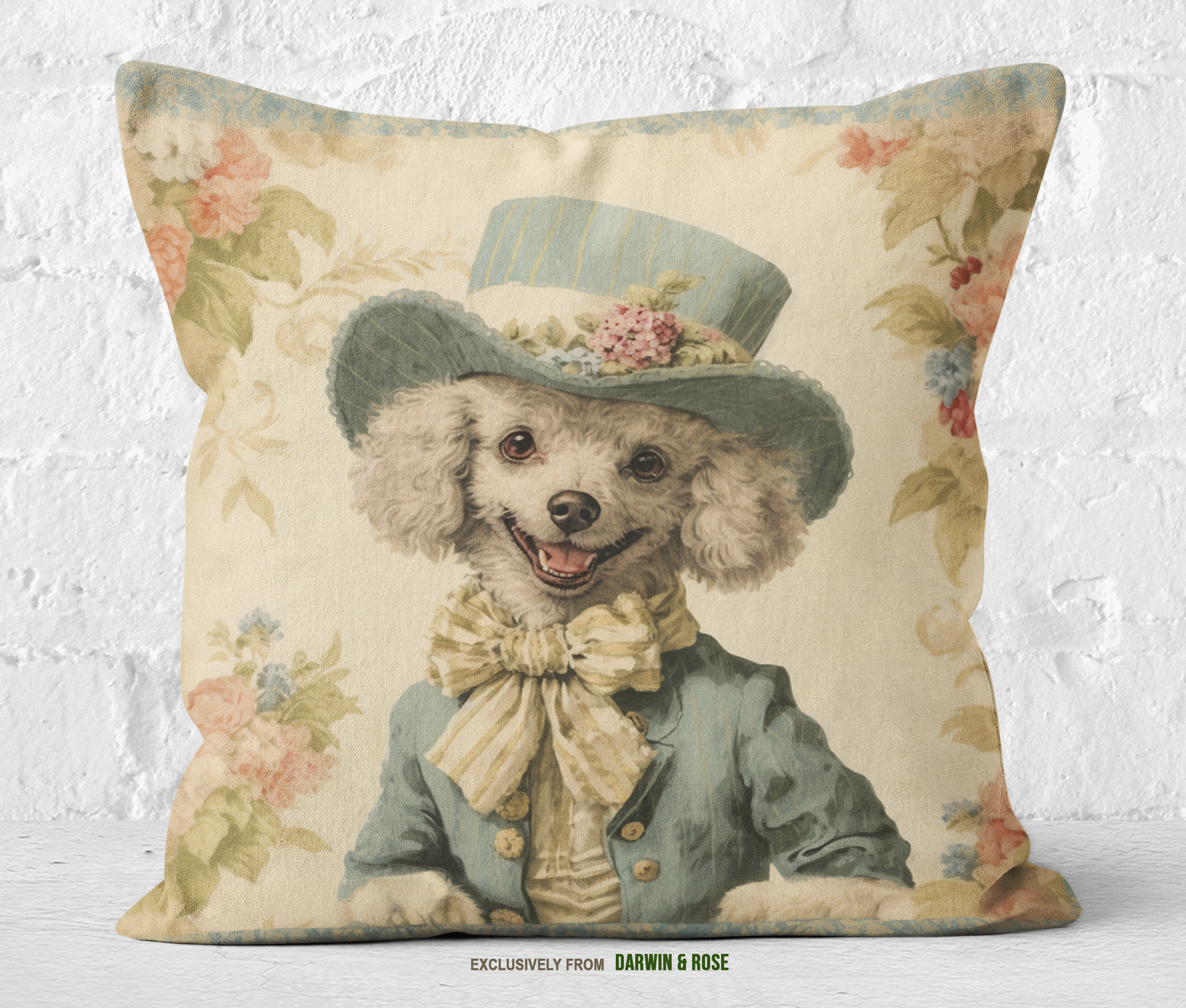 Elegant Poodle in Vintage Attire Throw Pillow – Victorian Farmhouse Style