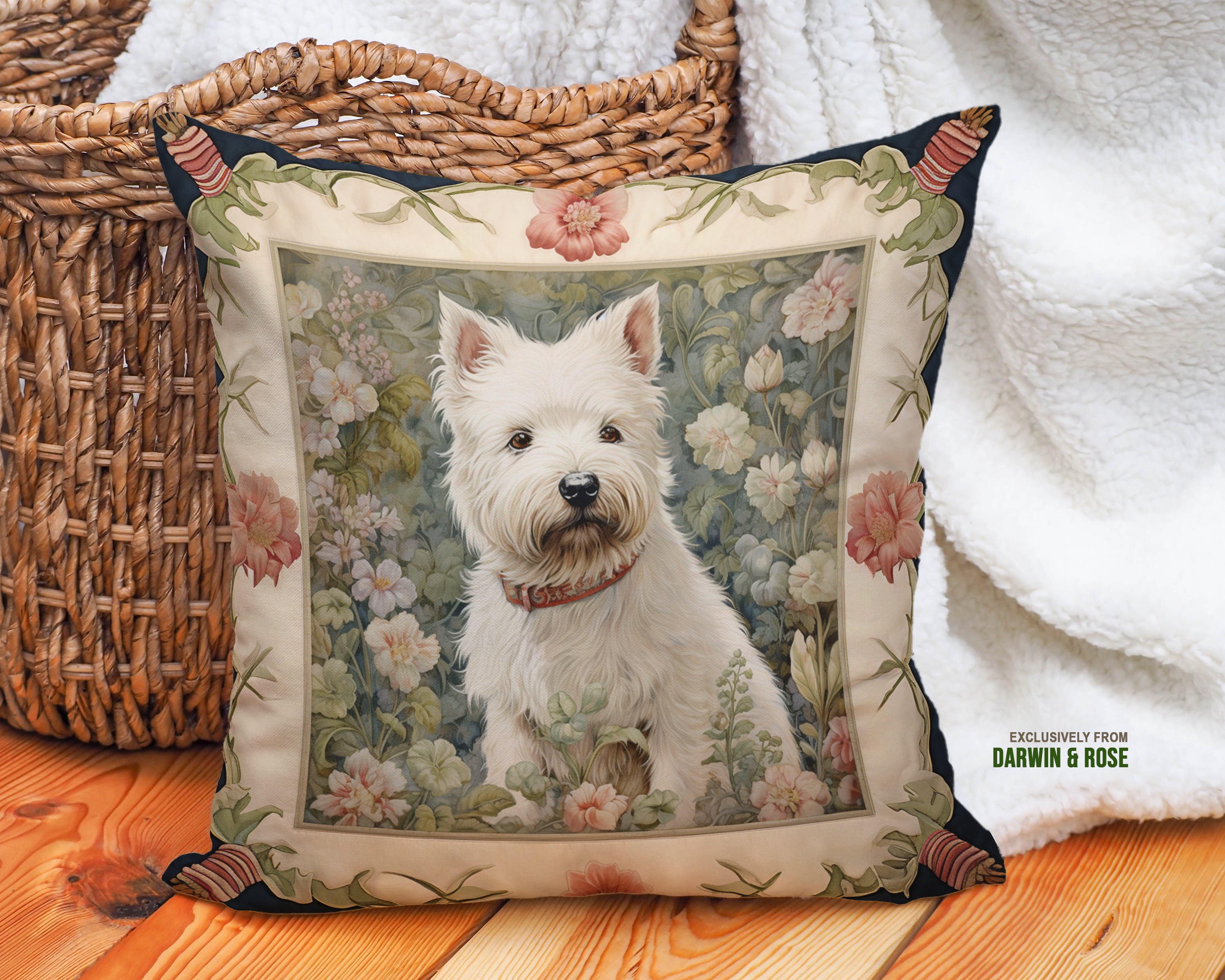 Westie Floral Garden Throw Pillow – Farmhouse Style with West Highland White Terrier