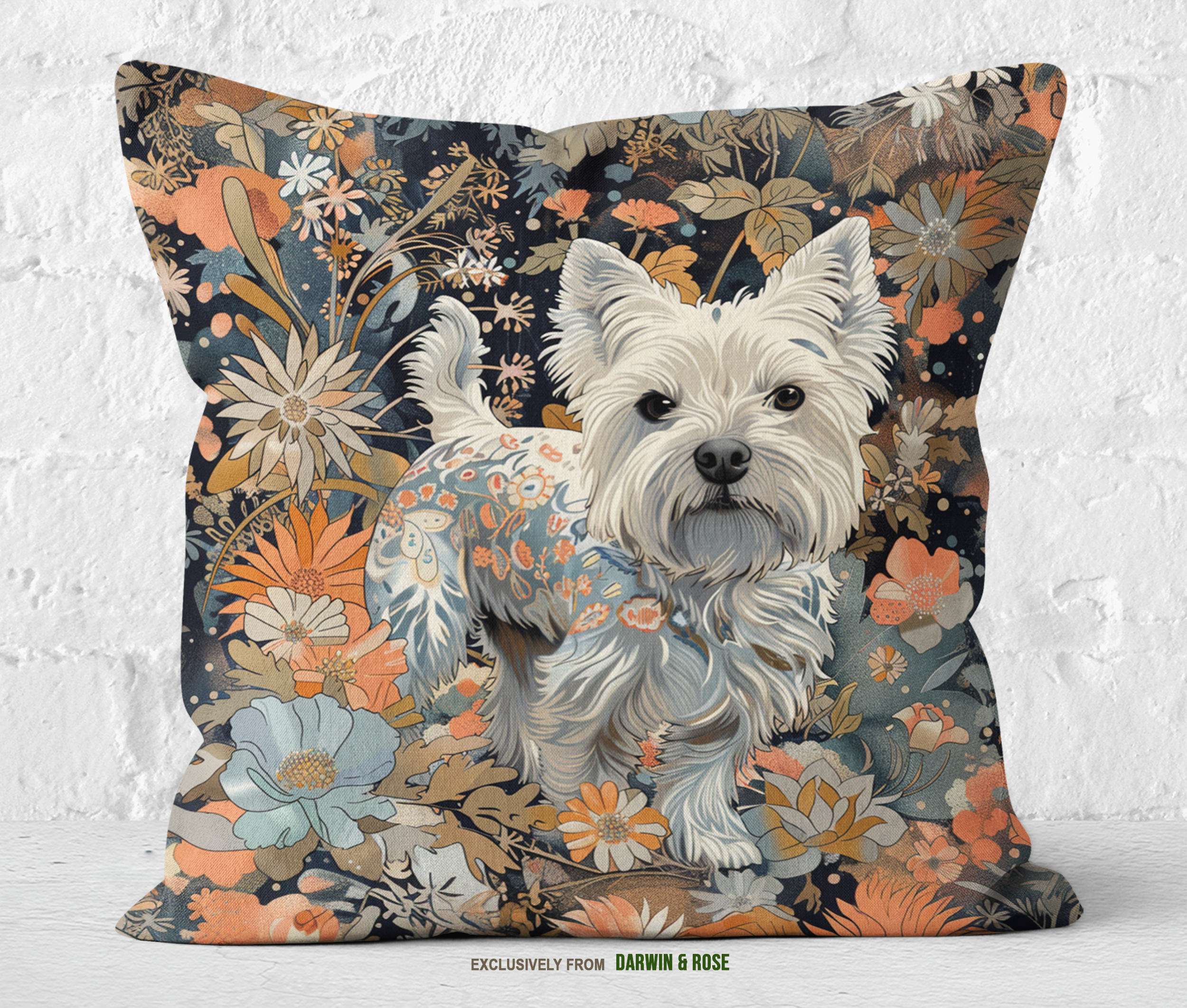 Westie Floral Charm Throw Pillow – Boho Style with West Highland White Terrier Design