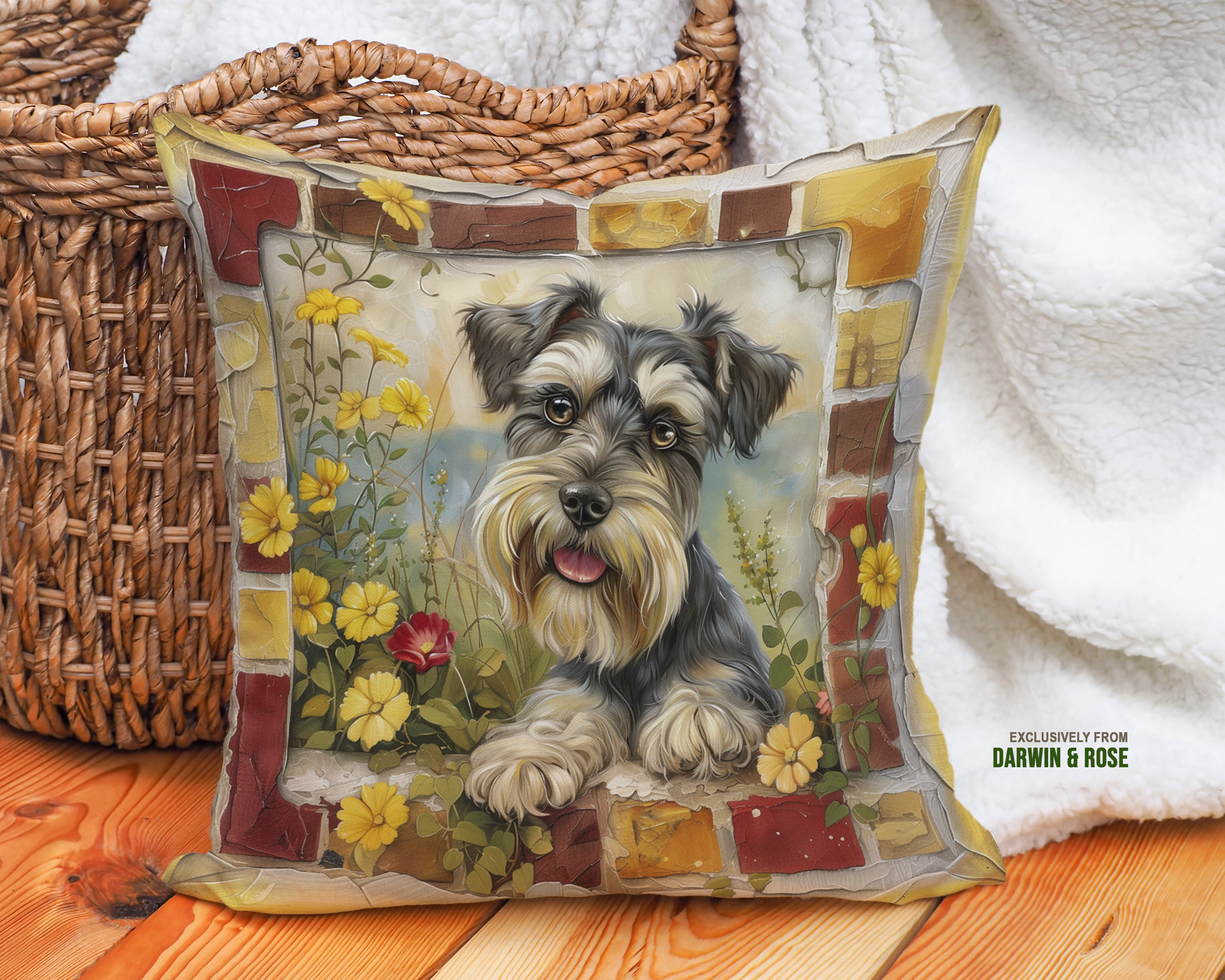 Miniature Schnauzer Floral Charm Throw Pillow - Rustic Farmhouse Style