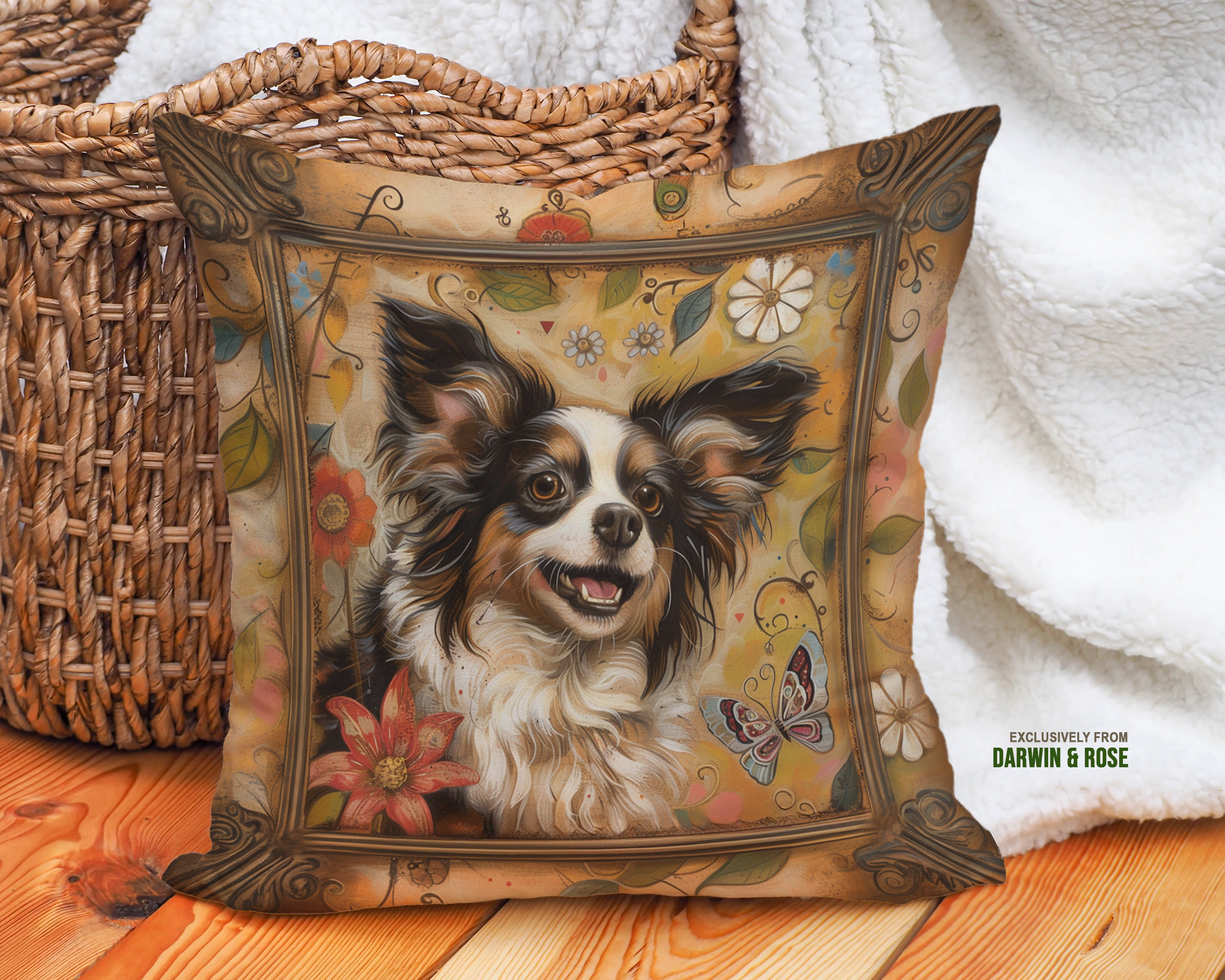 Papillon Dog Floral Boho Throw Pillow