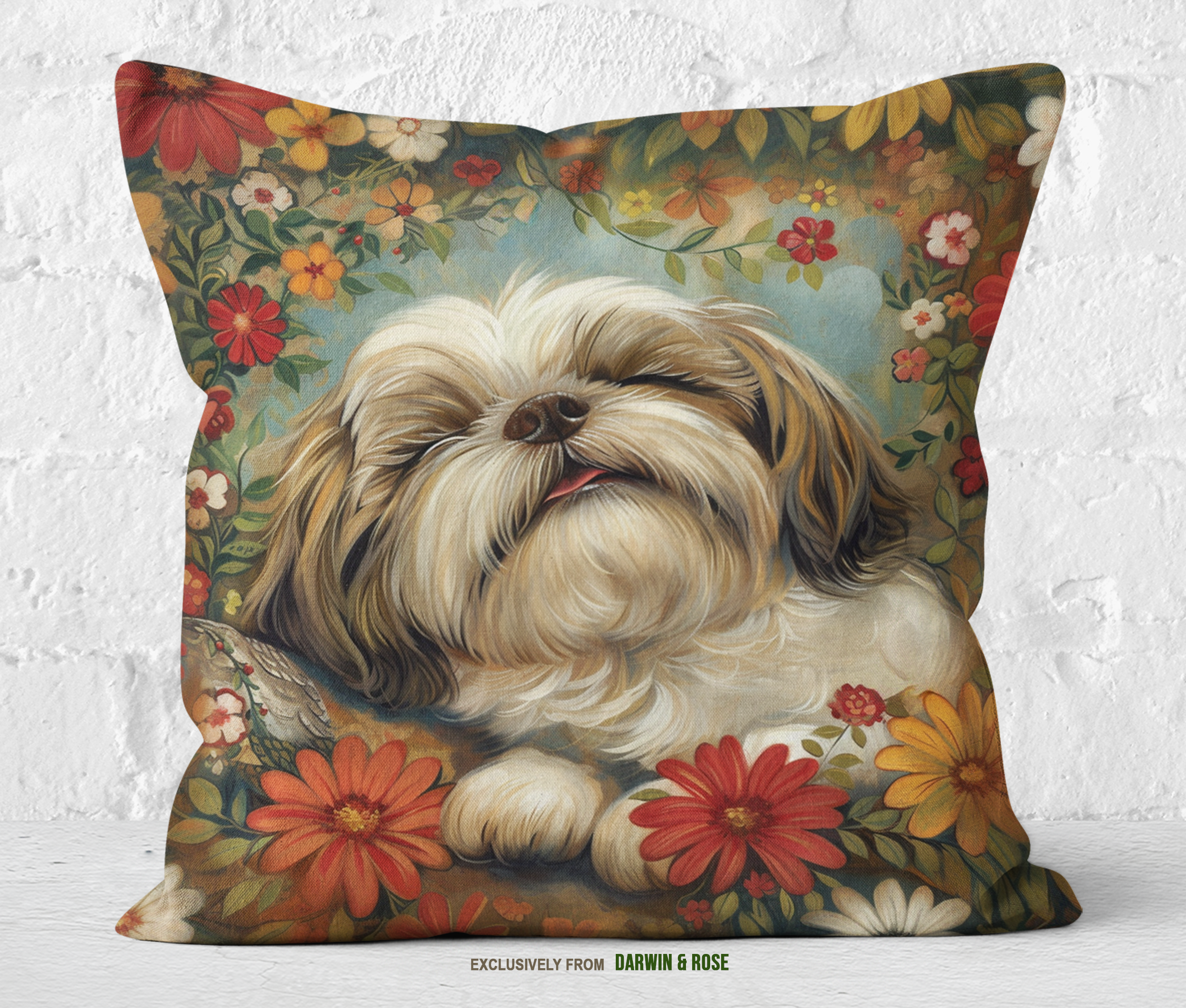 Floral Bliss Shih Tzu Throw Pillow - Boho Dog Lover's Delight
