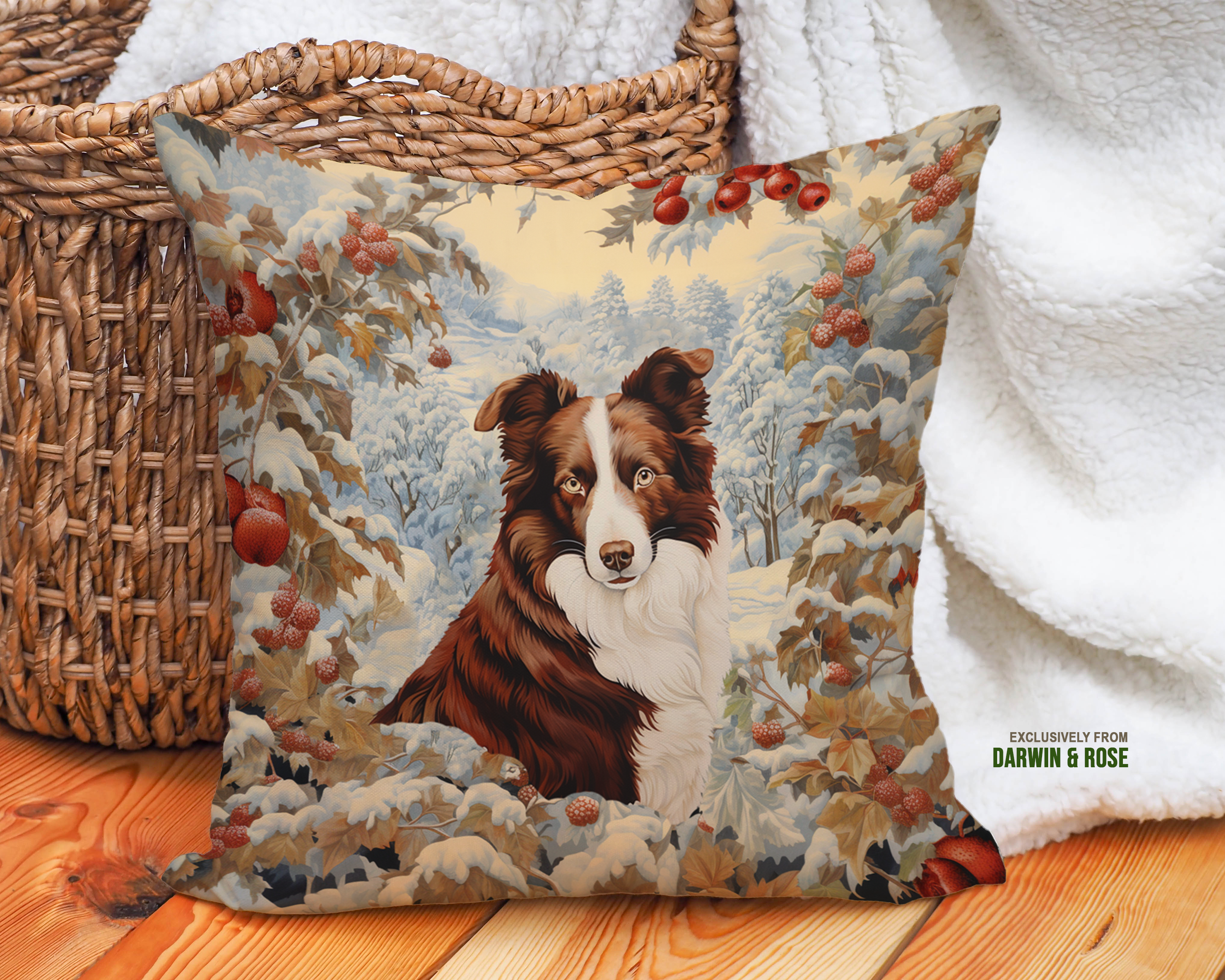 Festive Winter Border Collie Throw Pillow – Farmhouse Holiday Decor