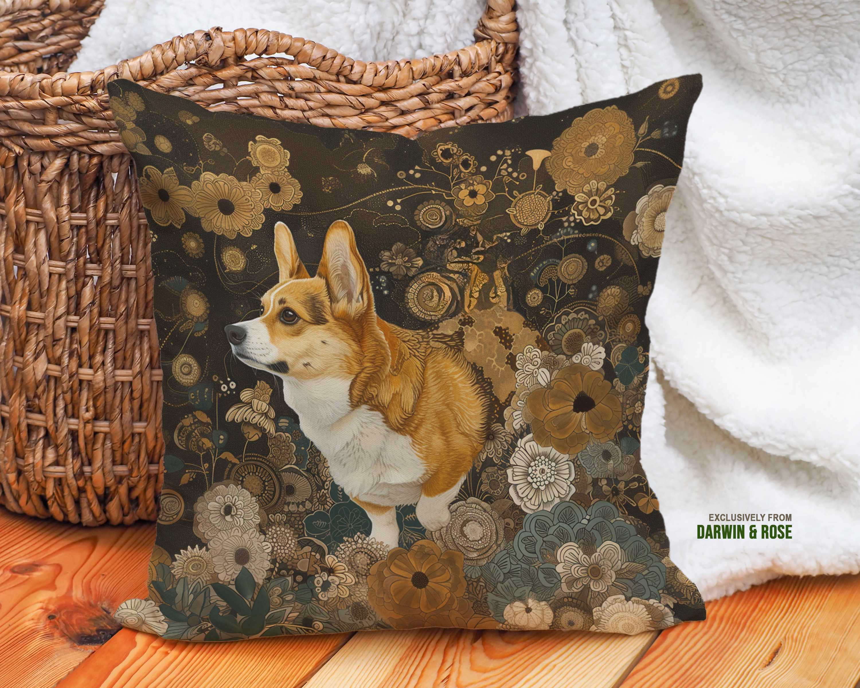 Pembroke Welsh Corgi Floral Charm Throw Pillow – Vintage Boho Style
