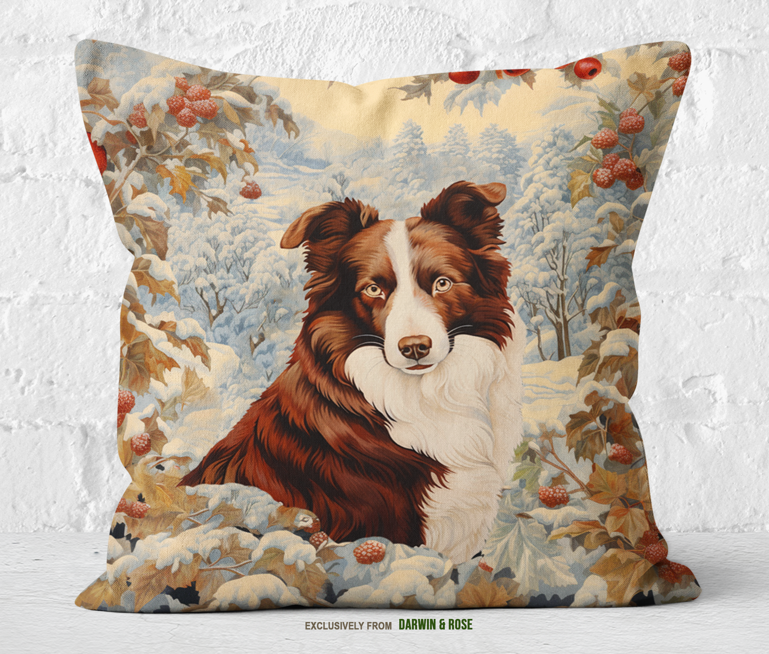 Festive Winter Border Collie Throw Pillow – Farmhouse Holiday Decor