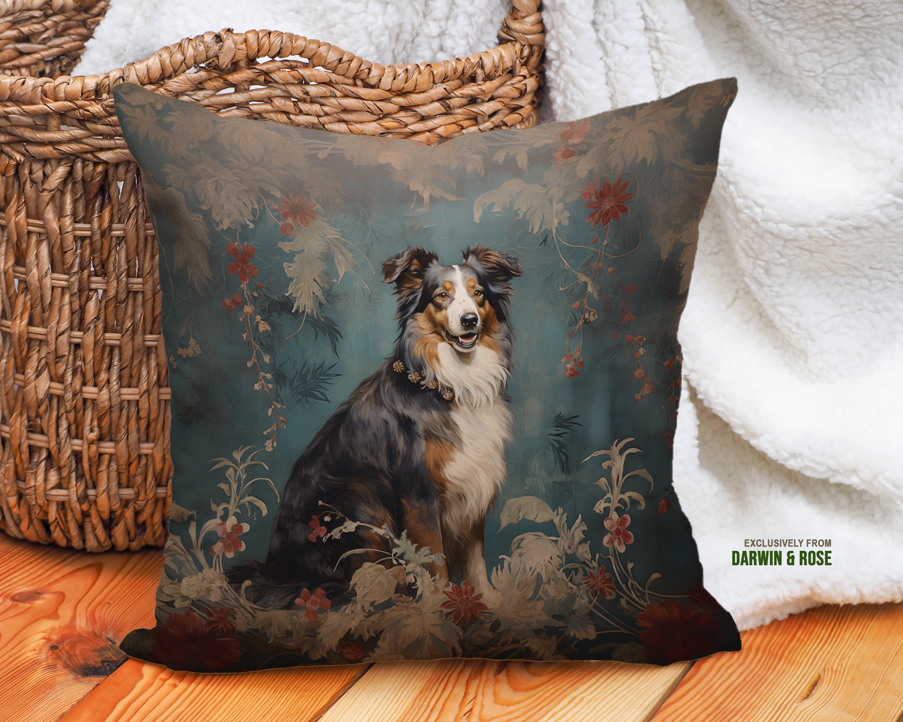 Elegant Australian Shepherd Floral Throw Pillow – Vintage Boho Style