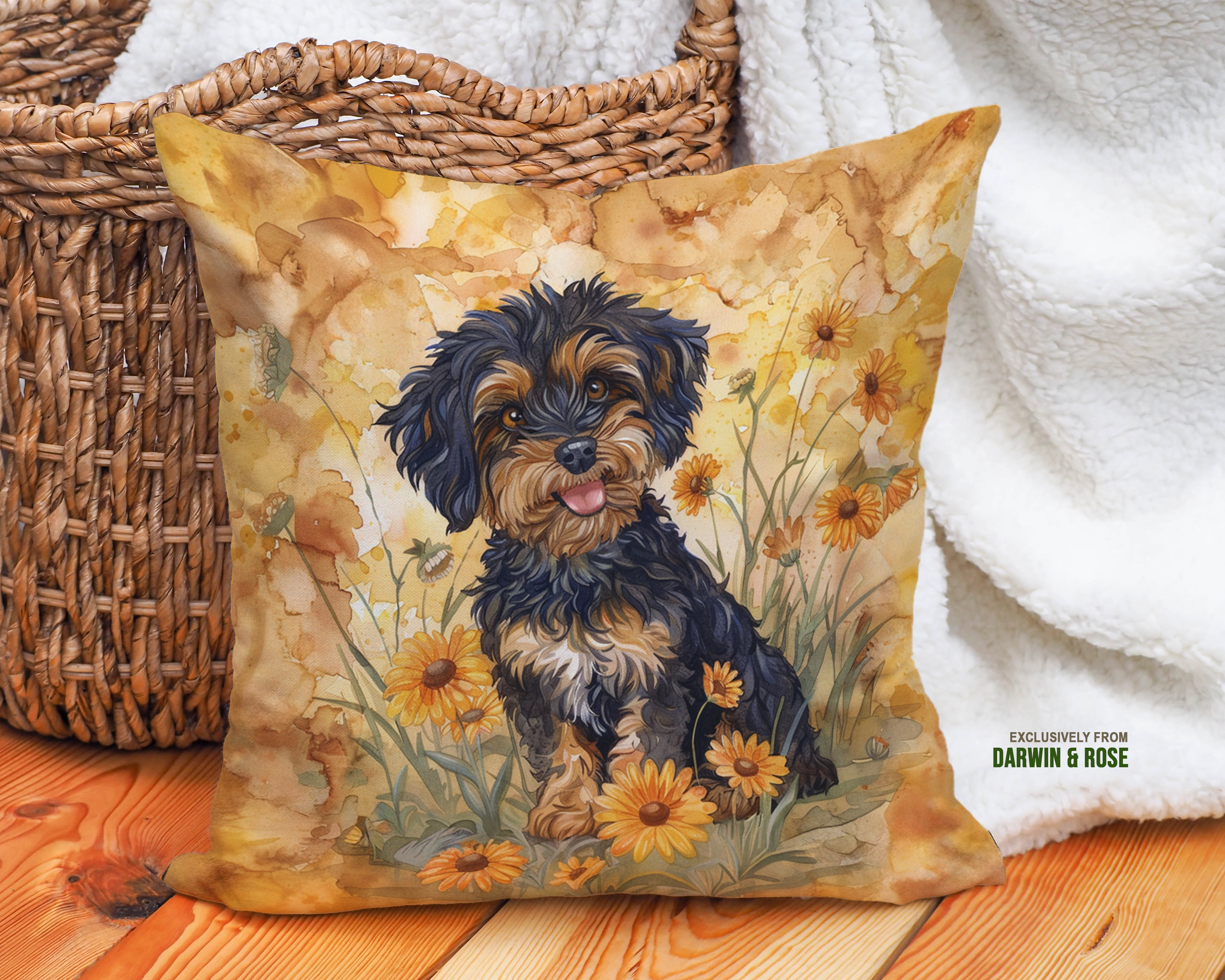 Yorkipoo Sunflower Bliss Throw Pillow – Boho Floral Dog Lover’s Decor