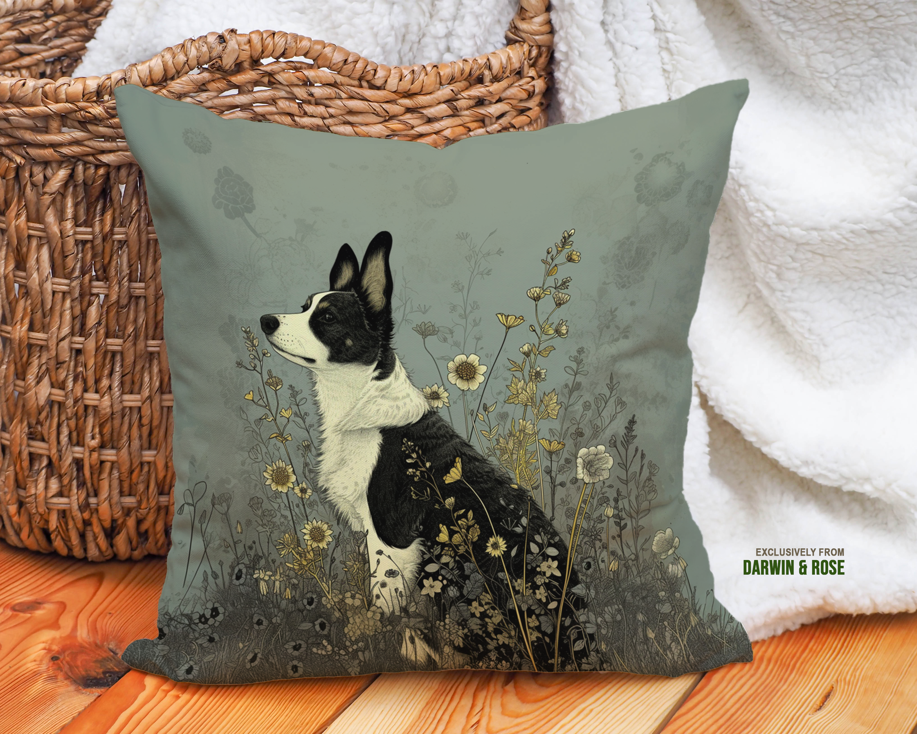 Cardigan Welsh Corgi Meadow Blooms Throw Pillow – Vintage Boho Style