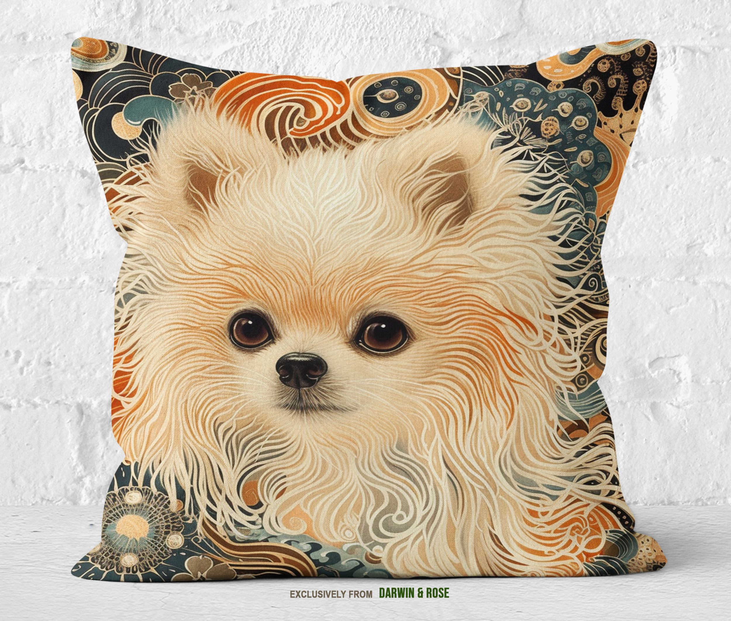 Fluffy Dreams Pomeranian Boho Throw Pillow – Warm Tones for Cozy Spaces