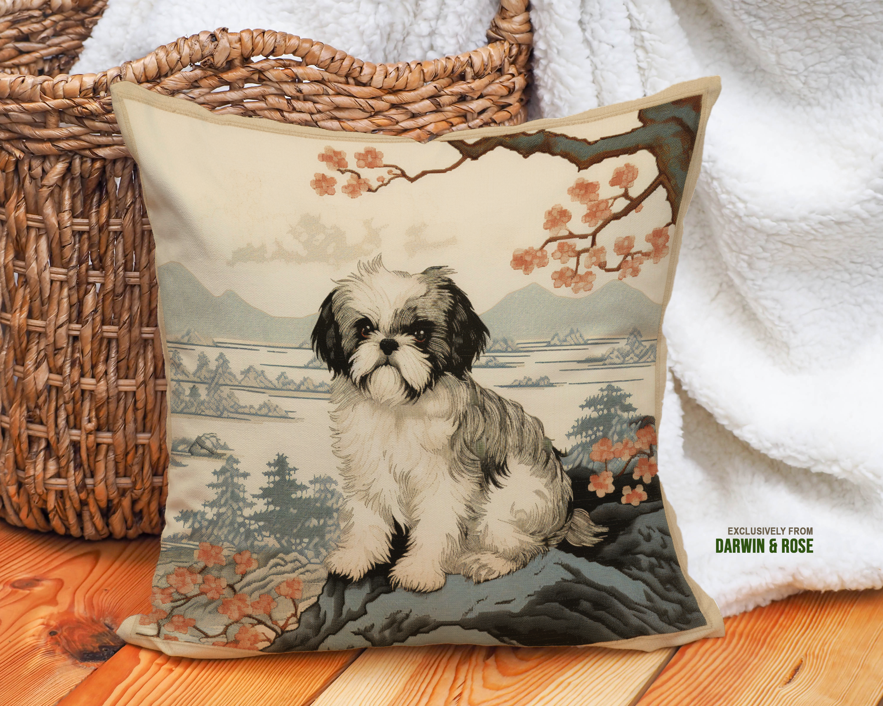 Shih Tzu Blossom Garden Throw Pillow – Asian-Inspired Design for Dog Lovers