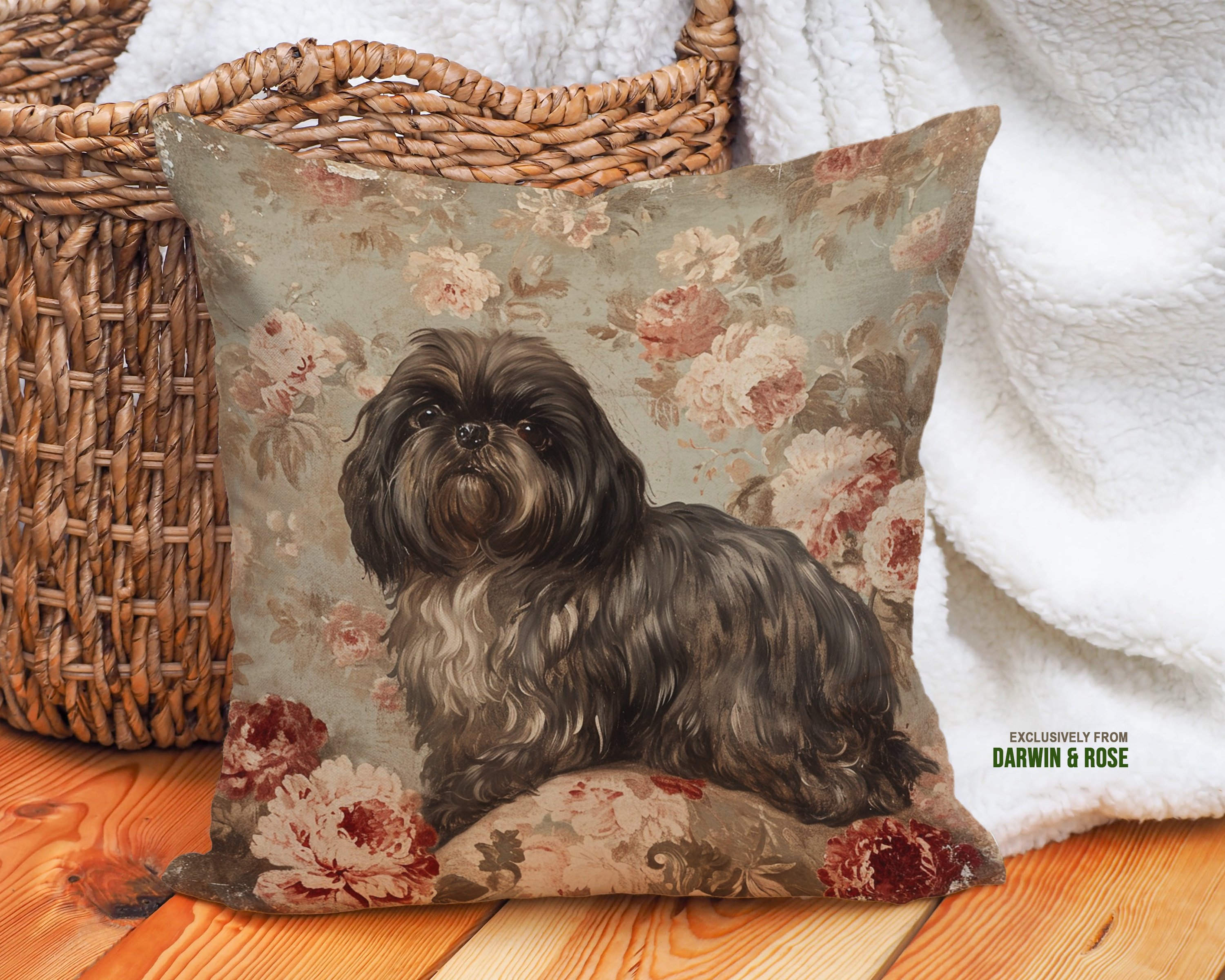 Shih Tzu Elegance Vintage Floral Throw Pillow