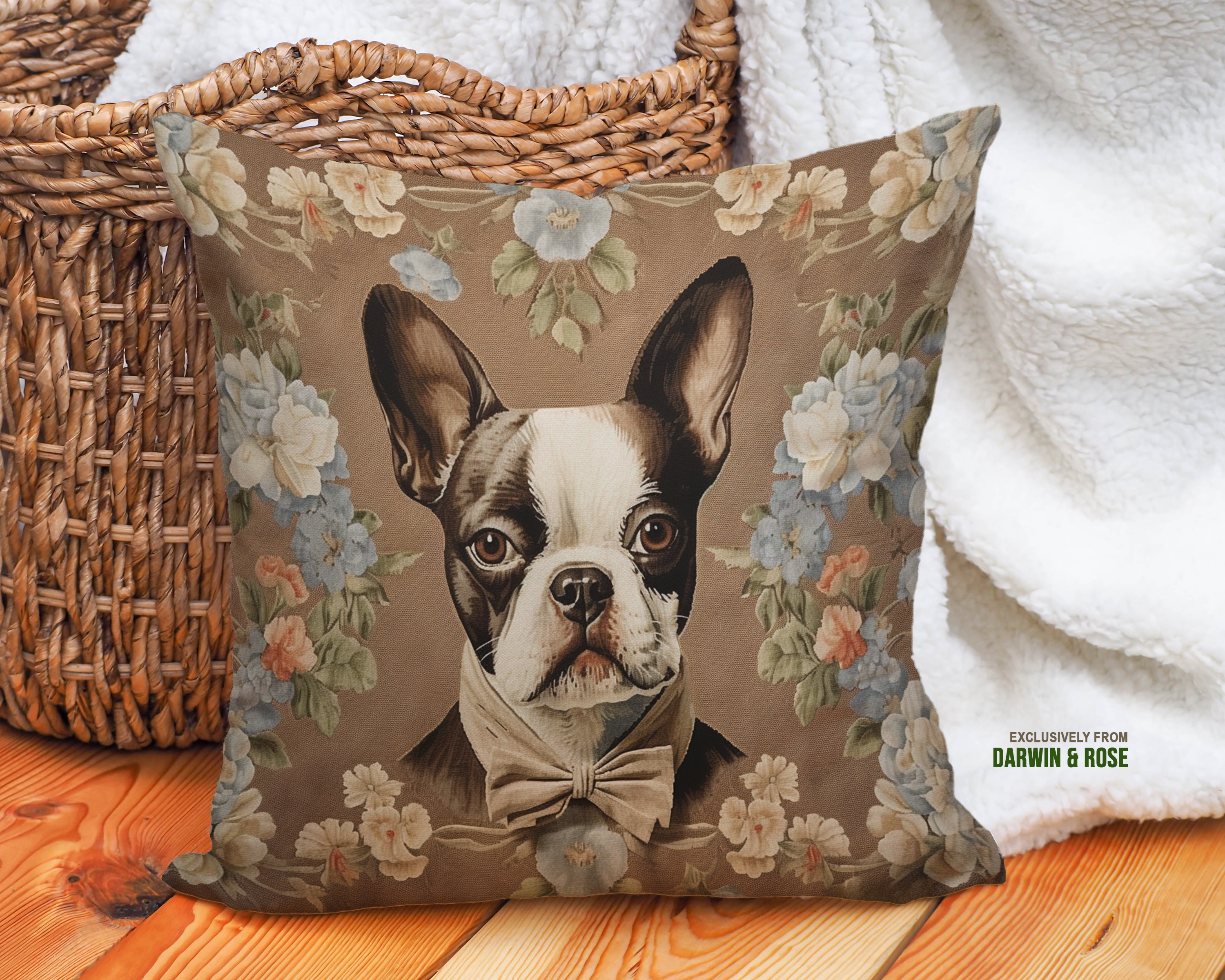 Boston Terrier Vintage Floral Throw Pillow - Farmhouse Charm, Brown & Blue